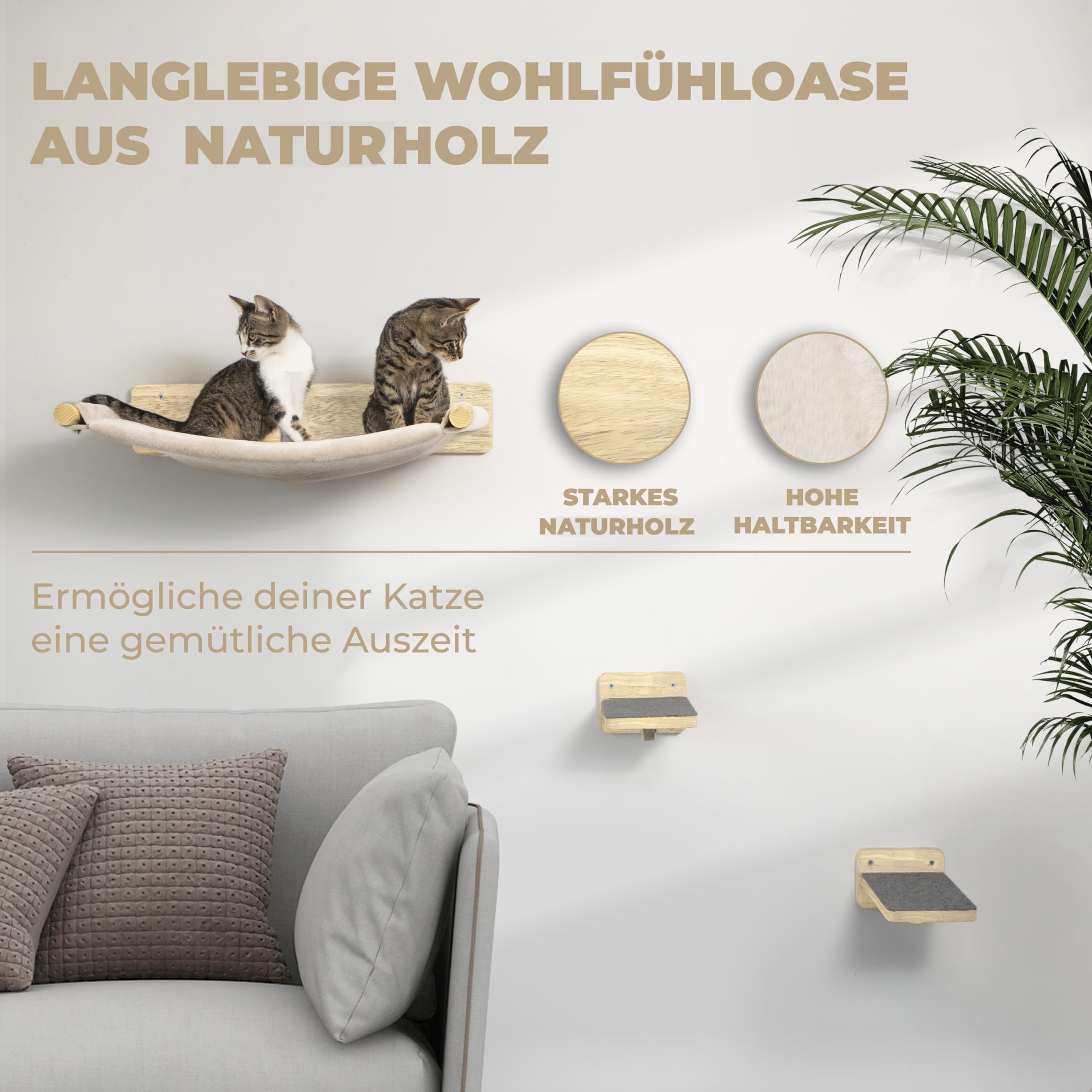 WOOWOOD® Pared de escalada para gatos – 2X Escaleras de pared para gatos [Madera maciza] – Rascador para pared – Hamaca para gatos – Rascador de pared – Muebles para gatos – Pared para gatos – Set de