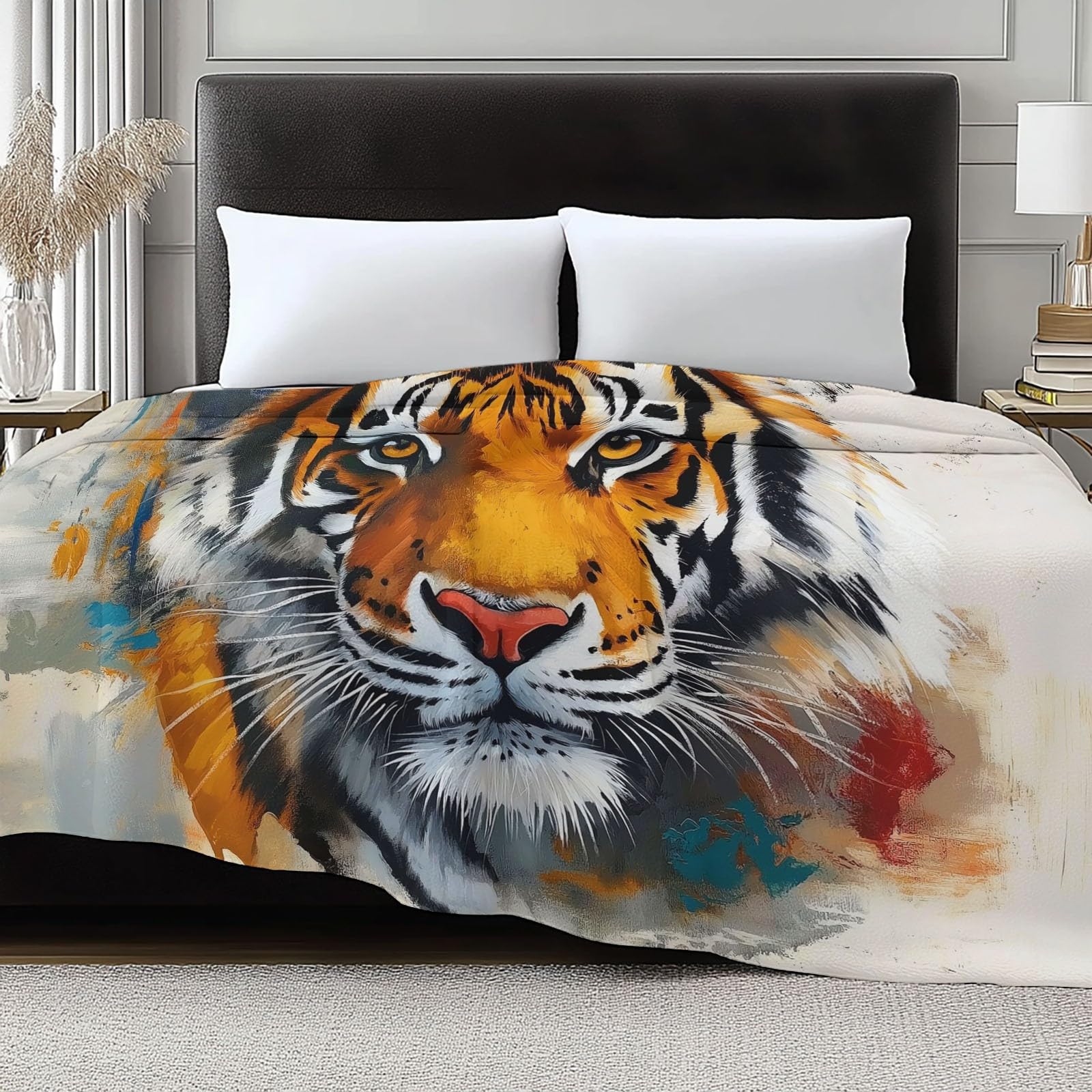 Générique Koc w kratę 150 x 200 cm, obraz olejny tygrysy, bardzo miękki koc flanelowy z nadrukiem, narzuta na sofę premium dla nastolatków i dorosłych, beżowy