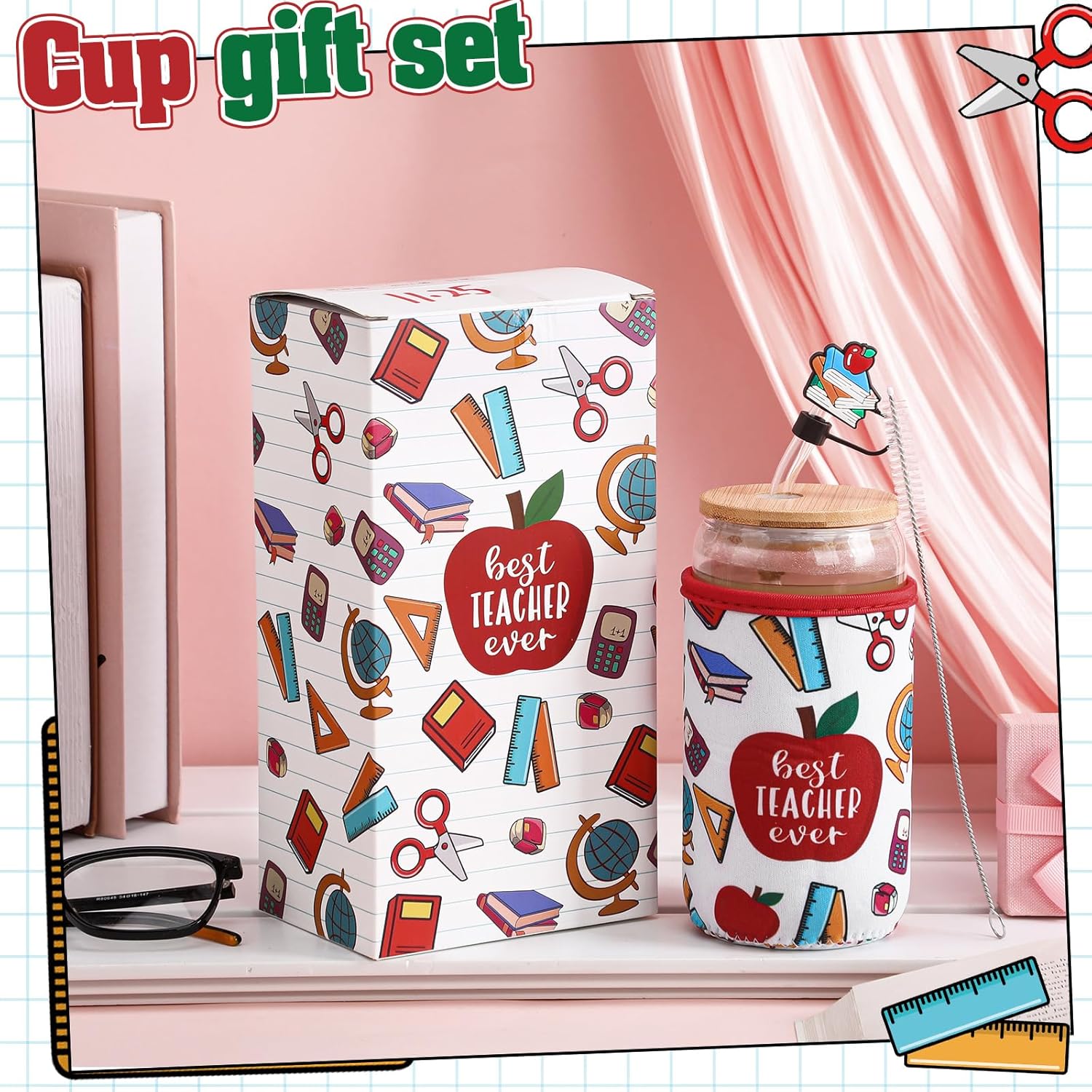 Nuogo Teacher Appreciation Gifts for Women Iced Coffee Cup 16oz Glass Cup with Straw Stopper and Sleeve for Teacher's Day with Thank You Gift Box(Apple) - Image 4