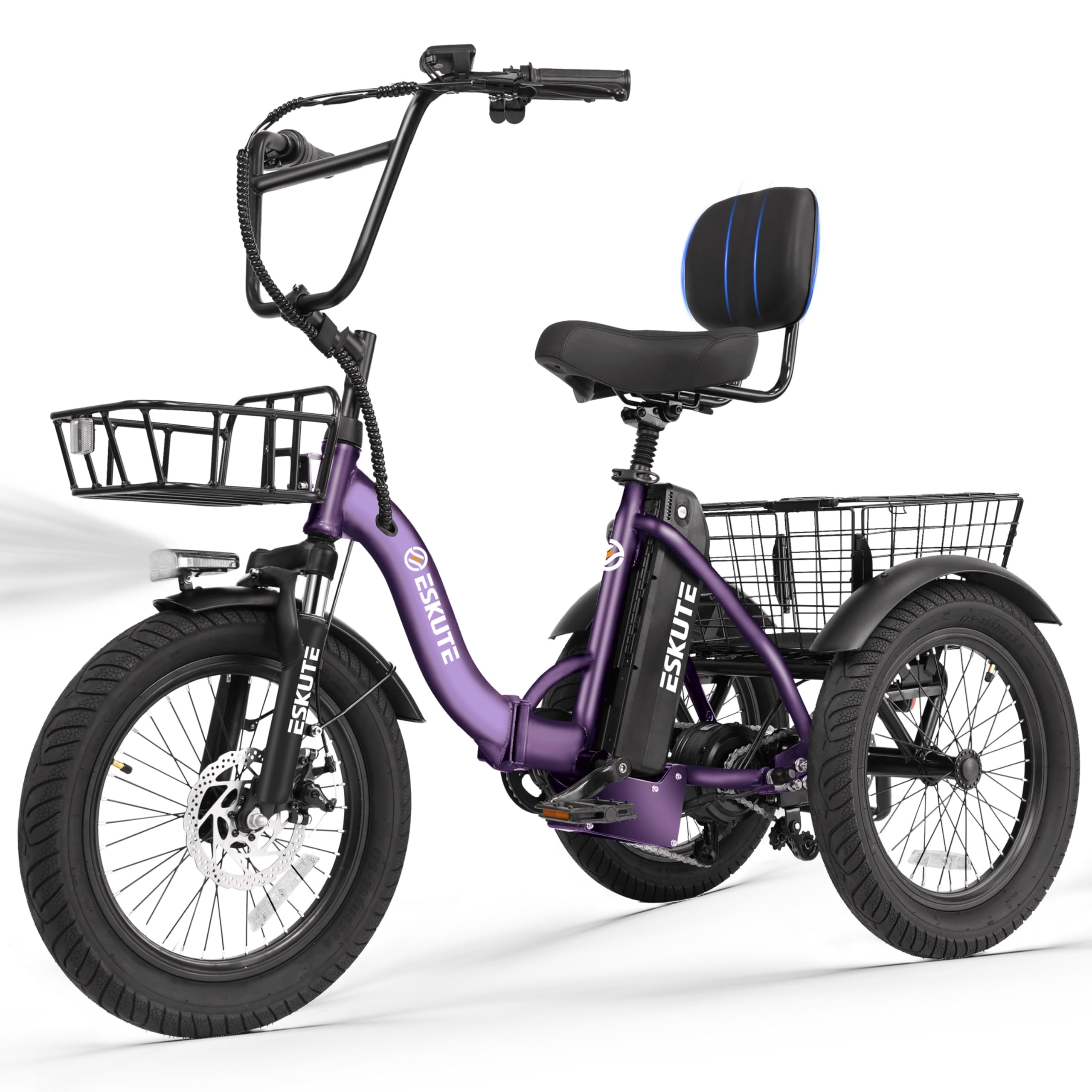 ESKUTE E Trike Electric Bike, Peak 1200W Brushless Motor Folding Trike 18X3.0 Fat Tire Ebike, 624Wh Battery, Step-Thru 3 Wheel Electric Bicycle, 65 Miles, 18MPH+ Tricycle for Adults Purple