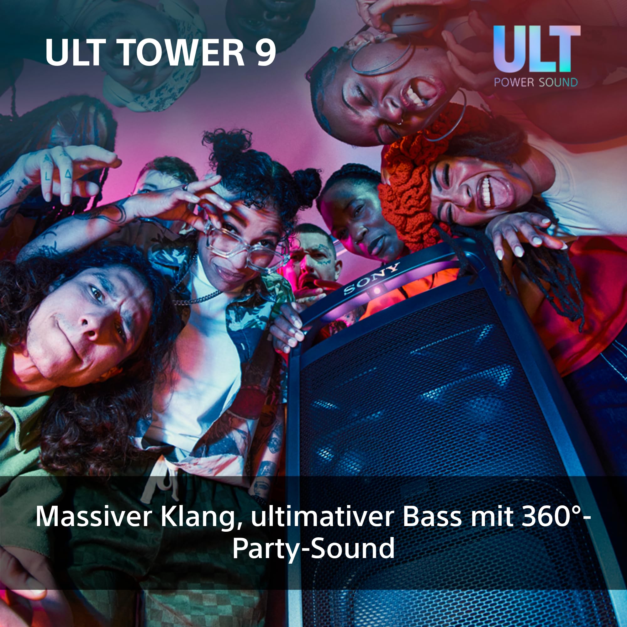 Sony ULT Tower 9 - Ultimativer Bluetooth-Party-Lautsprecher, 25 Stunden Batterie- und Netzbetrieb, 2 ULT Power Sound Modi, X-Balanced Speaker, 360° Beleuchtung & Sound, Karaoke-Eingänge - Schwarz
