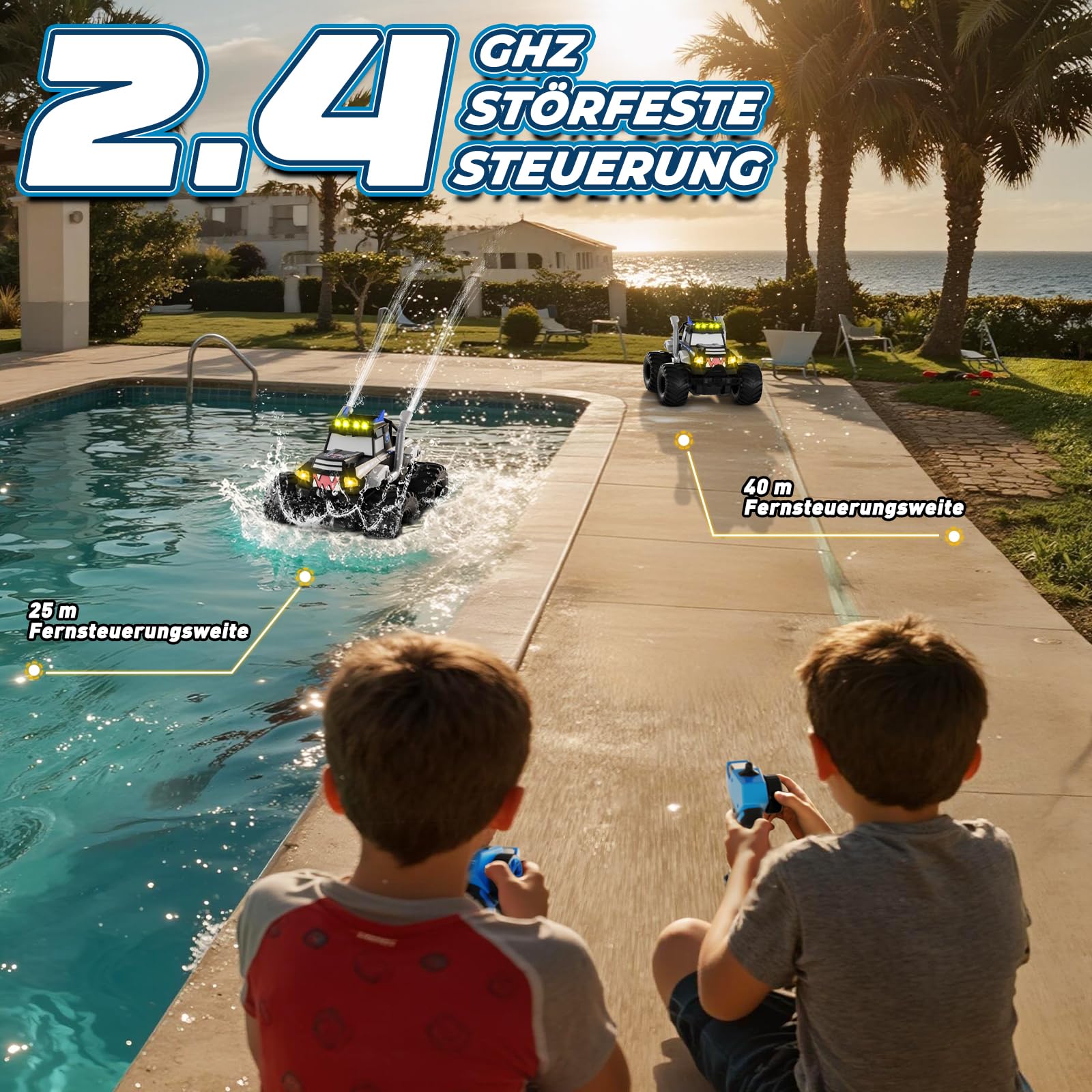 Amphibienfahrzeug Ferngesteuertes Auto ab 6 Jahre - 2.4GHz Monstertruck ferngesteuert RC Truck 30 km/h mit LED-Leuchten, 360°Rotation, Maßstab 1:16, 2 Akkus, Geburtstagsgeschenk für Jungen, Schwarz