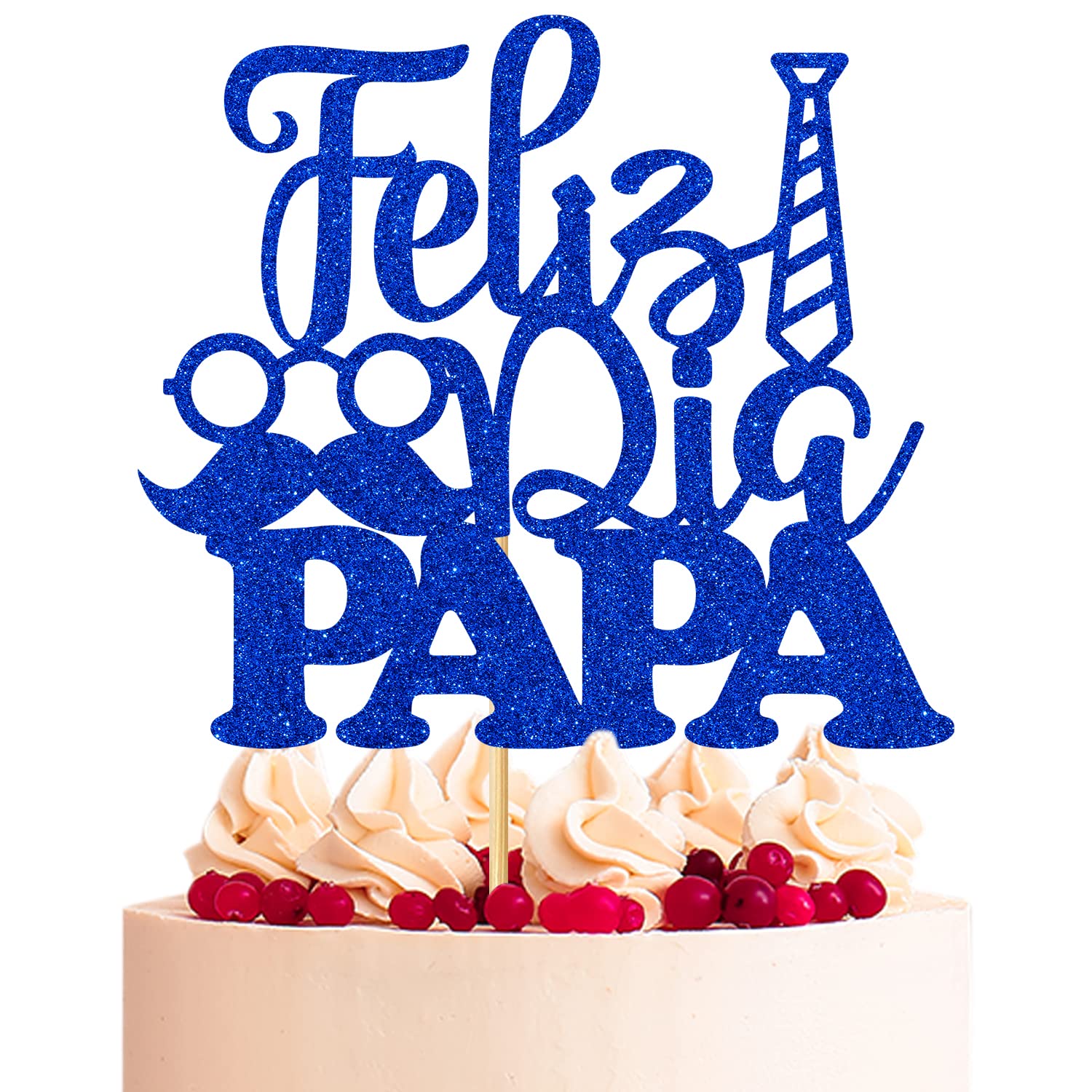 Feliz Dia Papa Cake Topper, Spanish Feliz Día Del Padre Cake Decor, Happy Father's Day/Dad's Birthday Party Decorations Supplies, Blue Glitter