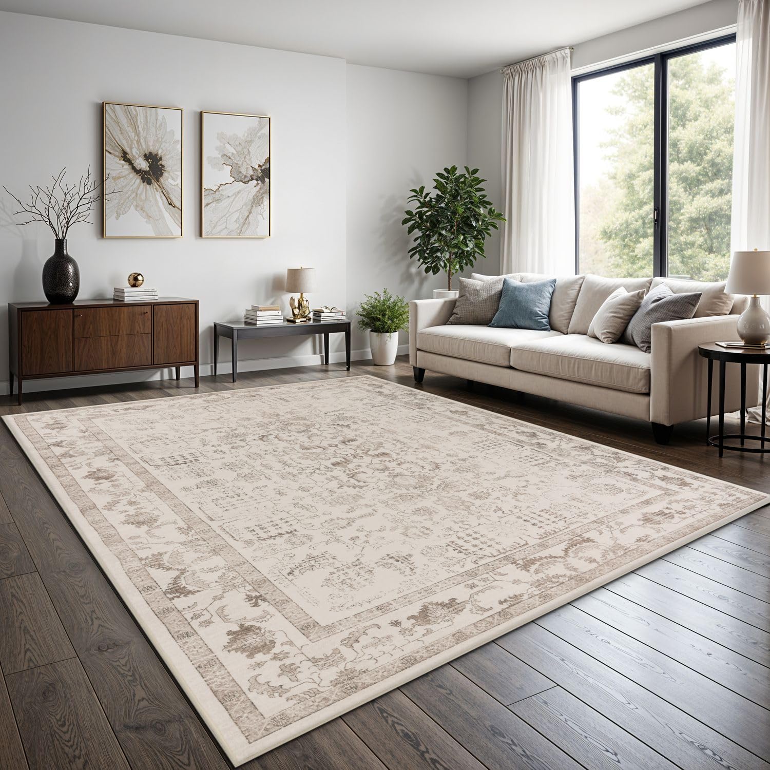 TT Home Boho Vintage Teppich Wohnzimmer Kurzflor - Retro Design, rutschfest & pflegeleicht, modern für Esszimmer & Flur Waschbar, Farbe:Beige 4, Größe:160x220 cm