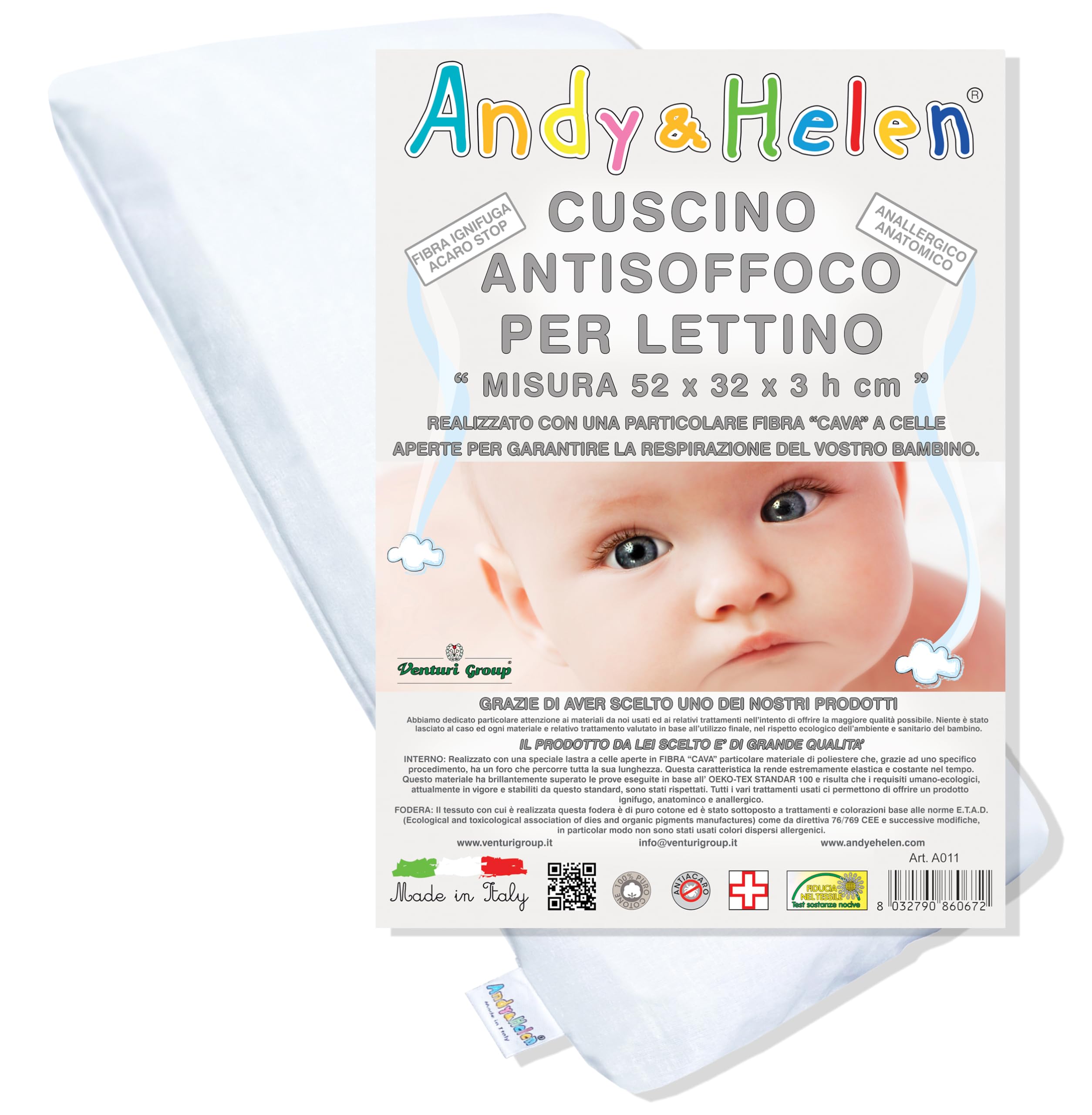 Andy & Helen - Cuscino Lettino Bambino Antisoffco per lettino con sbarre con fodera in Cotone OEKO-TEX® - 52x32x3 cm