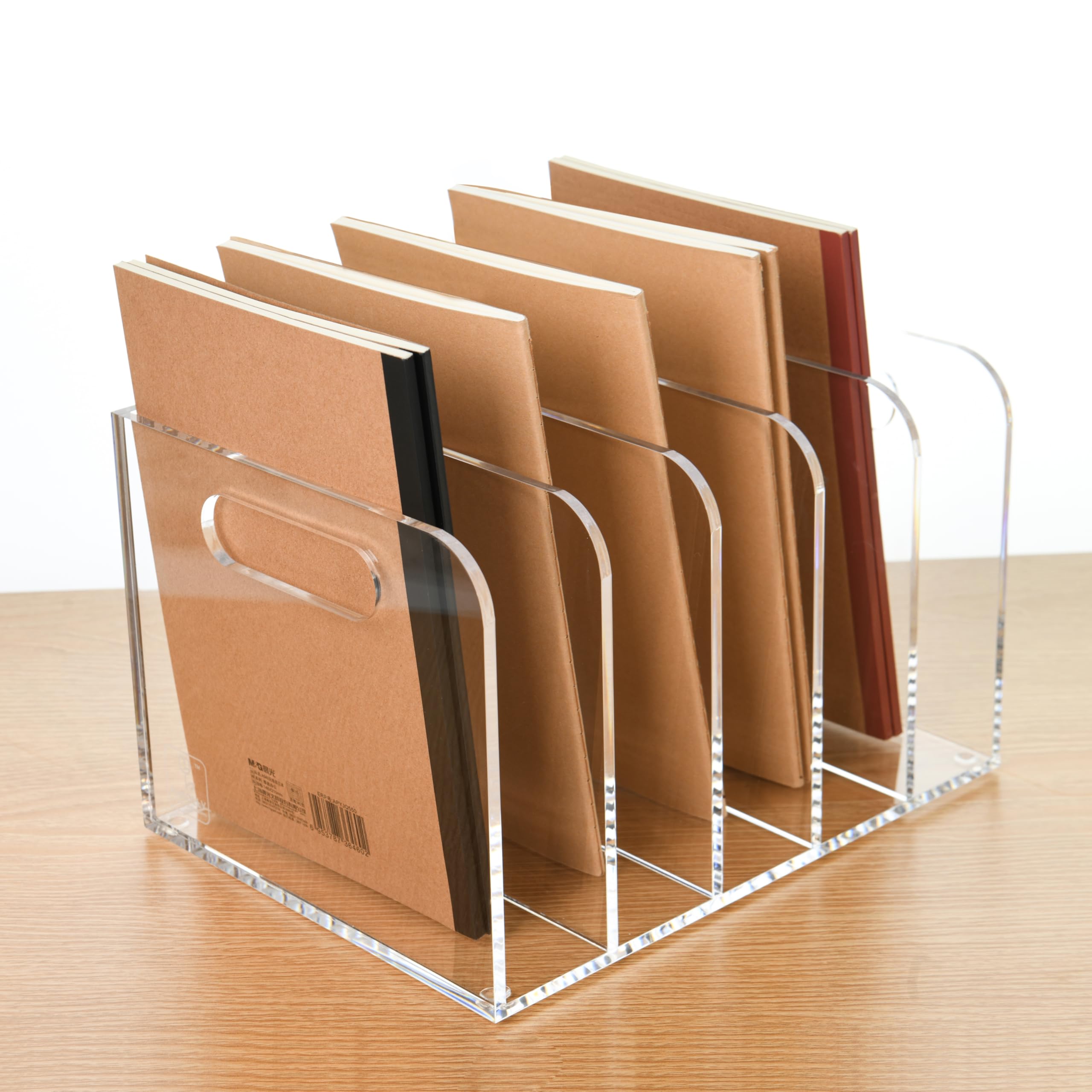 AIMOLLY 5 Vertical Compartments Clear Acrylic Desk Document Organizer & Storage Bins for Magazines, Binders, Notebooks, and Envelopes - Multipurpose Home Office Organizer - Innovative handle design