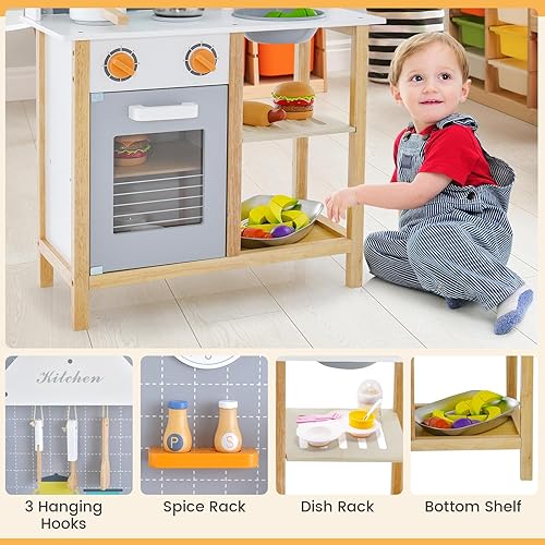Miniatura 5 de Costzon Juego de cocina para niños, juego de juguetes de cocina de madera con fregadero, grifo, estufa, horno, estante de almacenamiento, accesorios