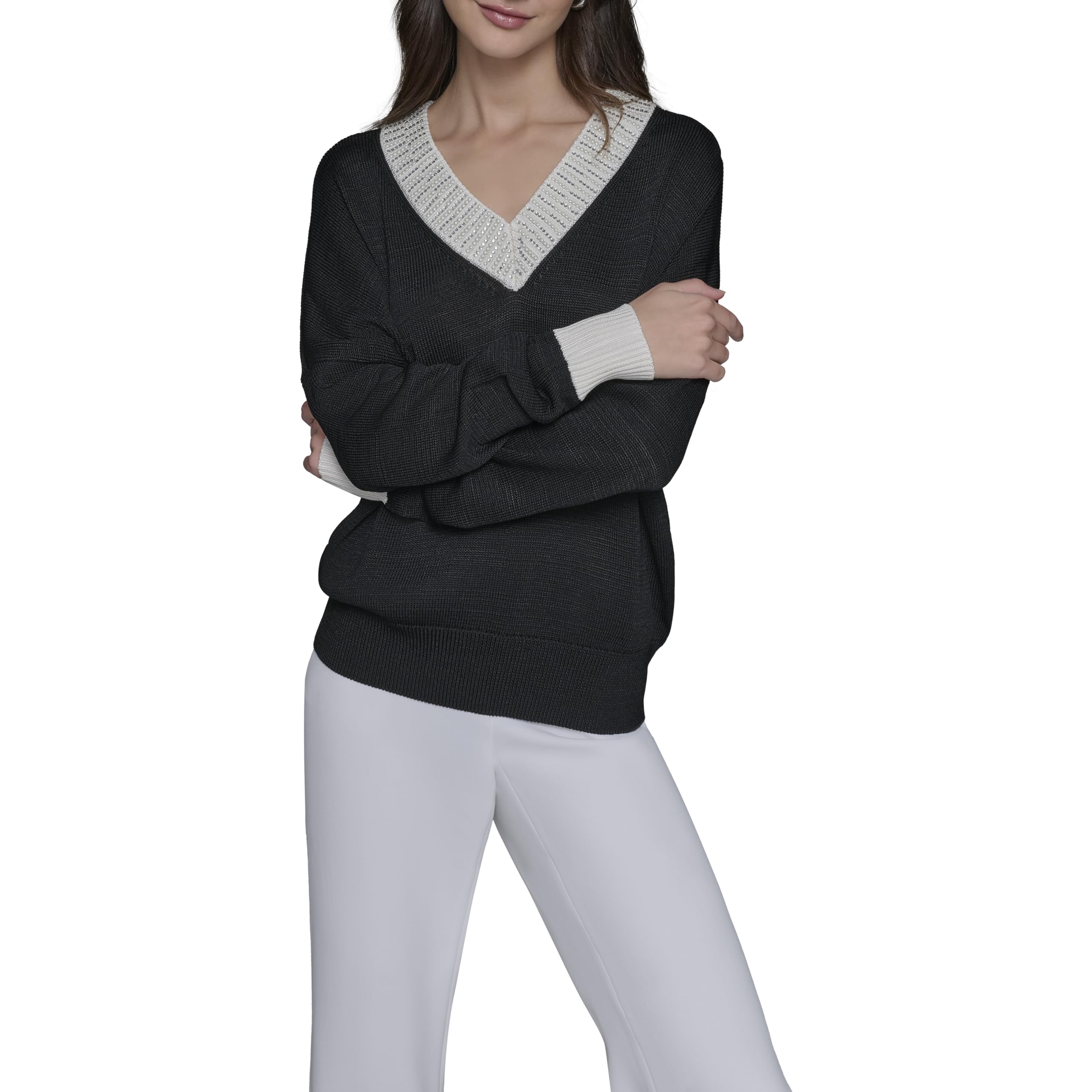 Karl Lagerfeld Womens V-Neck Sweater with Contrast Ribbed Trim and Long Sleeves