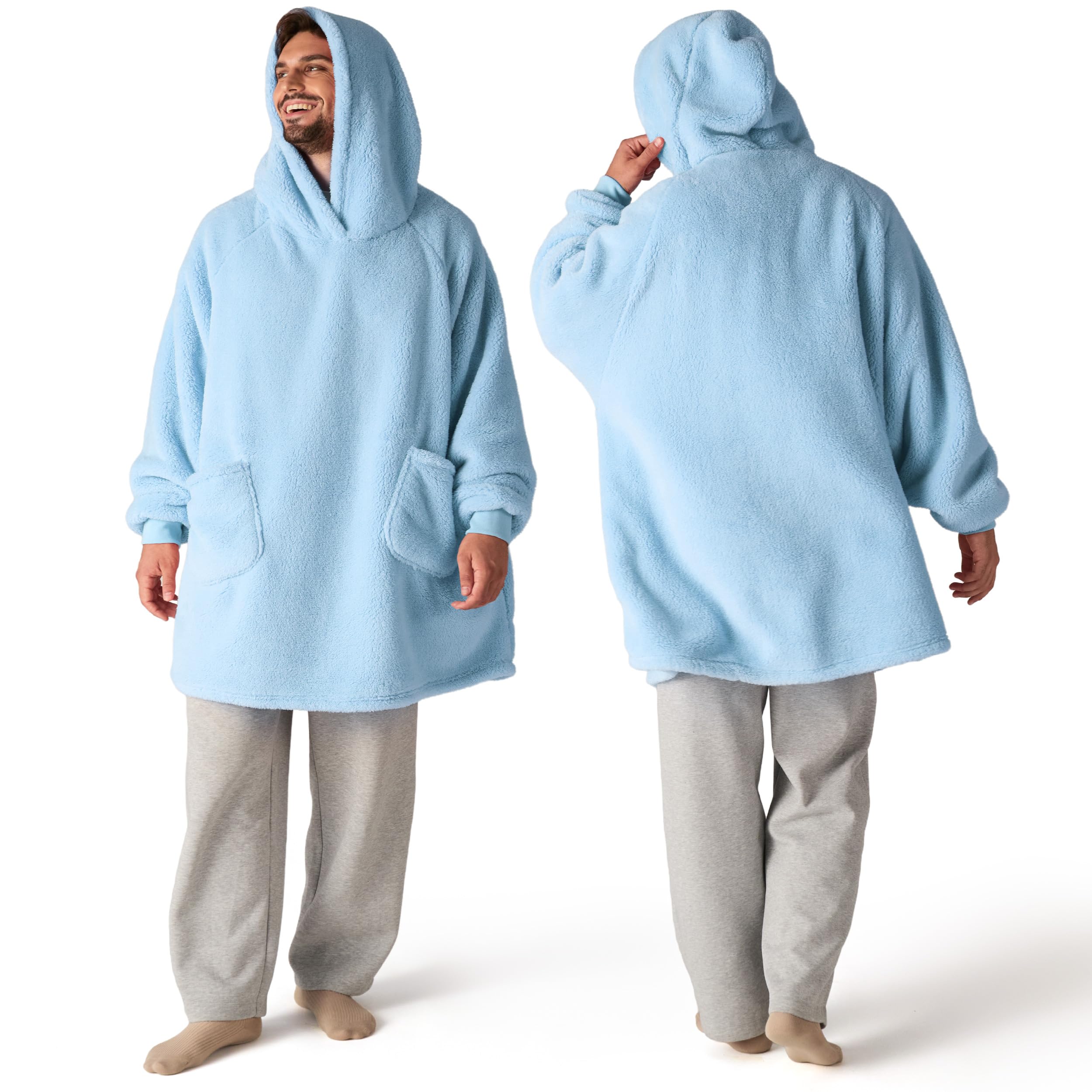 Bedsure Wearable Blanket Hoodie Mothers Day Gifts for Women, Warm Cozy Hoodie Blanket Sweatshirt for Adult Women Men, Sky Blue, Oversized