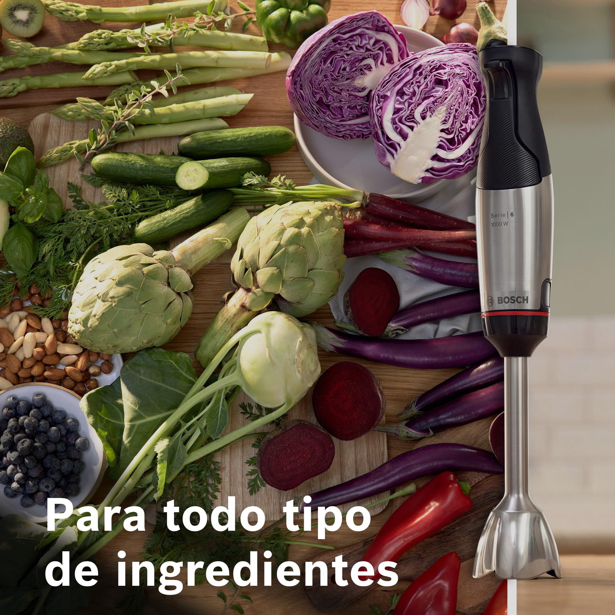Bosch - Batidora de mano, ErgoMaster Serie 6, motor refrigerado por aire de 1000 vatios, control dinámico de velocidad, sistema de mezcla QuattroBlade, Acero inoxidable, MSM6M622