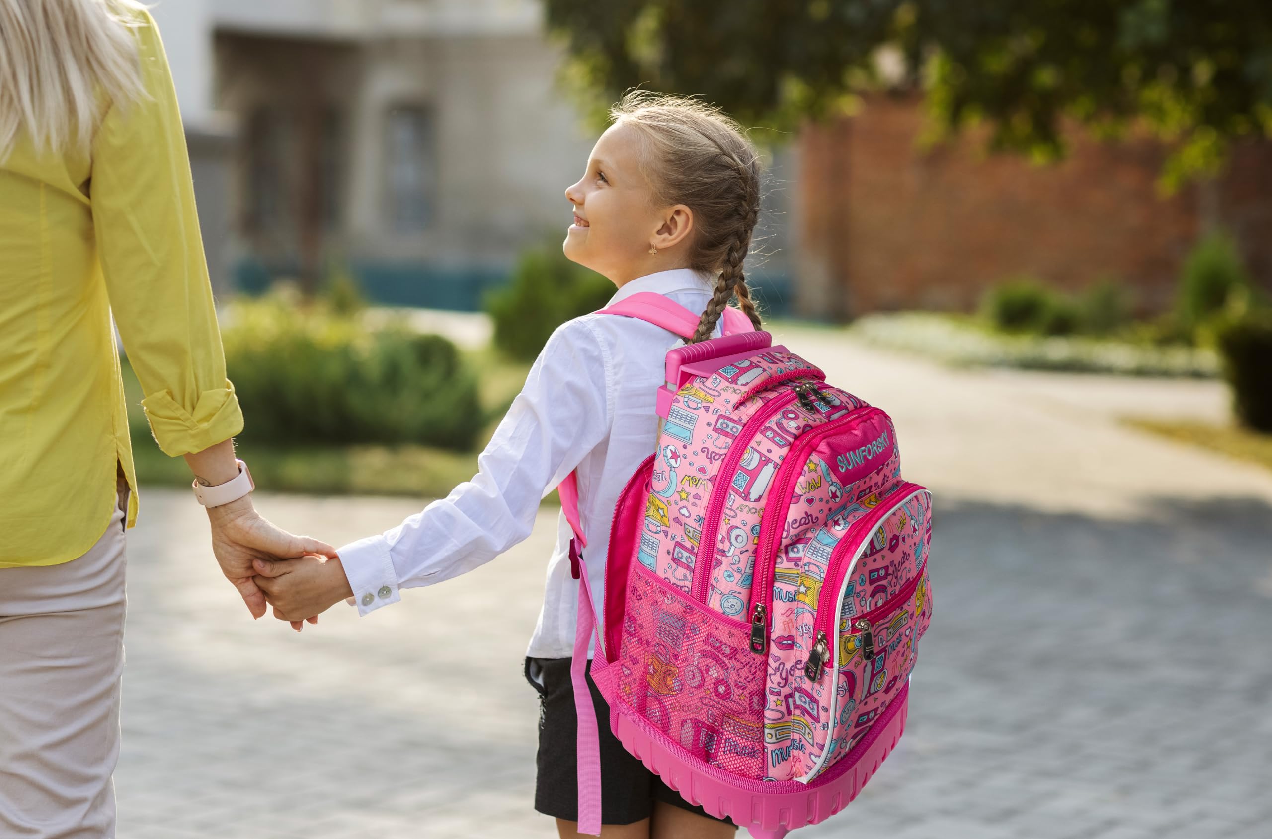 SUNFORSKY Zaino scuola con ruote per bambini e ragazze, trolley per zaino scolastico, include astuccio per matite e borsa per snack, convertibile per appendere la schiena, Modello rosa
