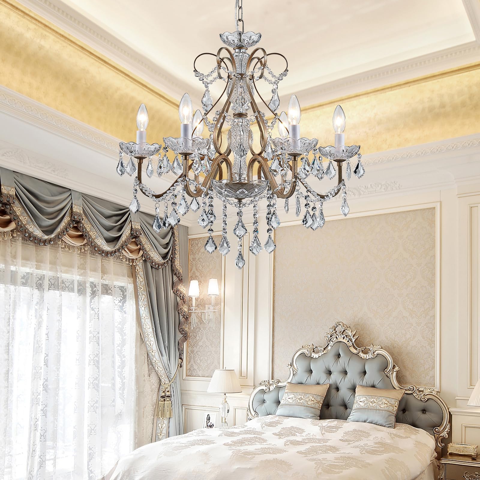 Bestier Antique Silver Vintage Candle Chandelier Crystal Lighting Fixture Lamp for Dining Room Bathroom Foyer Livingroom 6 E12 Bulbs Required D24 in x H26 in