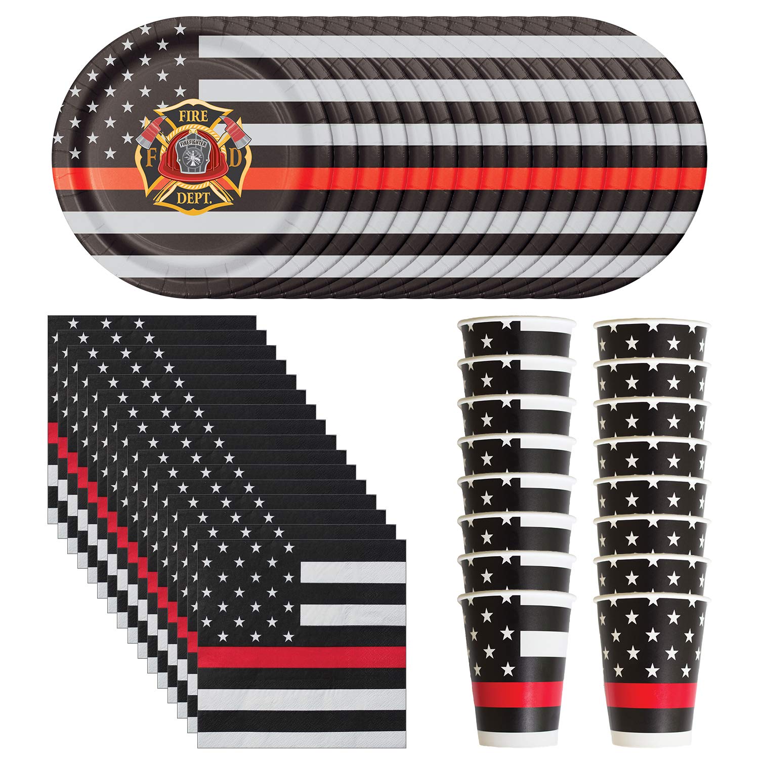 Havercamp Fire Fighter Dinnerware Party Bundle for 16 | Dinner Plates, Paper Napkins & Cups | Fire House Retirement Party, Graduation, Fire Dept Farewell, Family Work Events