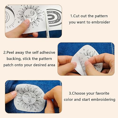 Miniatura 3 de Patrones de bordado solubles en agua, 2 hojas de luna y ojos, palillo y papel de bordado de puntada, estabilizadores de papel de transferencia de