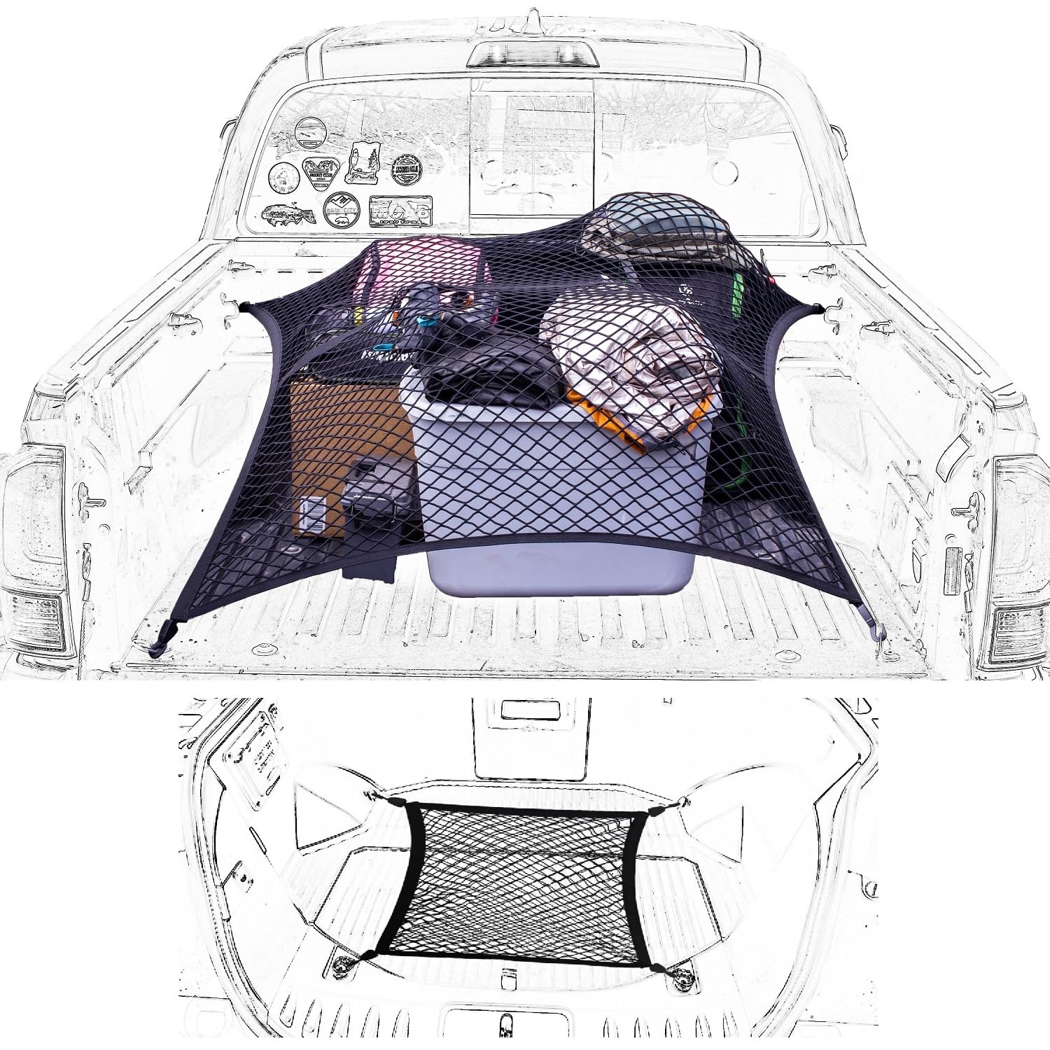 Highly Elastic Cargo Net 2 Pack, Big Size 4‘x4' (Double Layer) and Small Size 2.6'x2' (Double Layer)