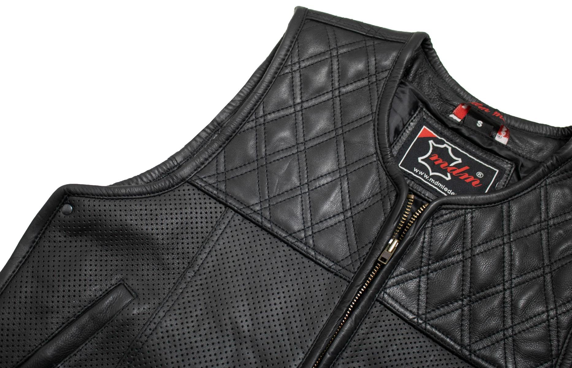 MDM Gilet pelle uomo biker in vera pelle traforata – Club Style, trapuntatura a rombi, nero, traspirante, ideale per moto e uso estivo
