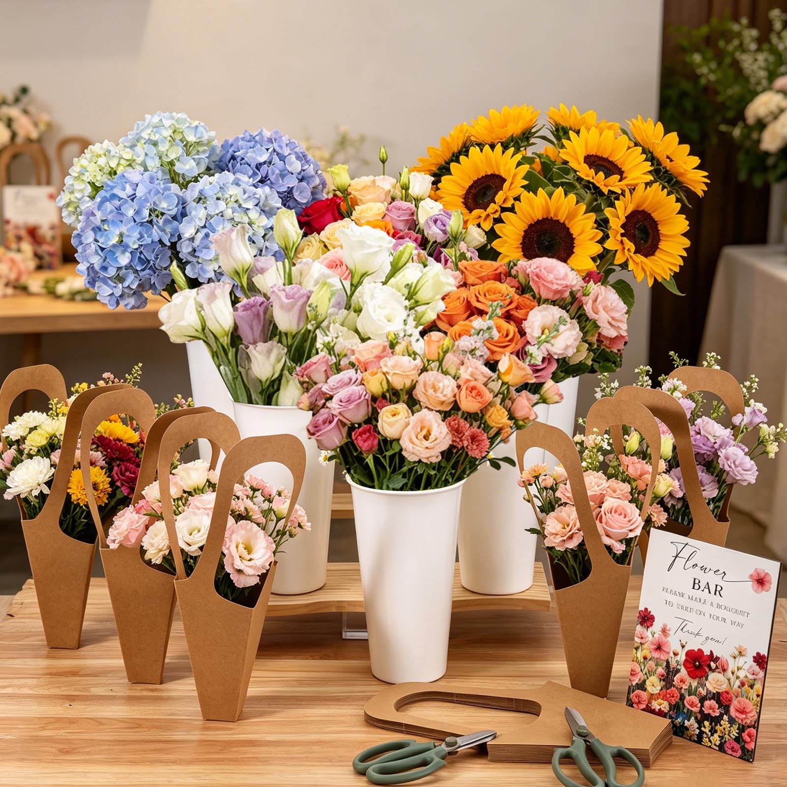 Kit bar à fleurs avec seaux et ciseaux pour animer et décorer votre fête prénuptiale