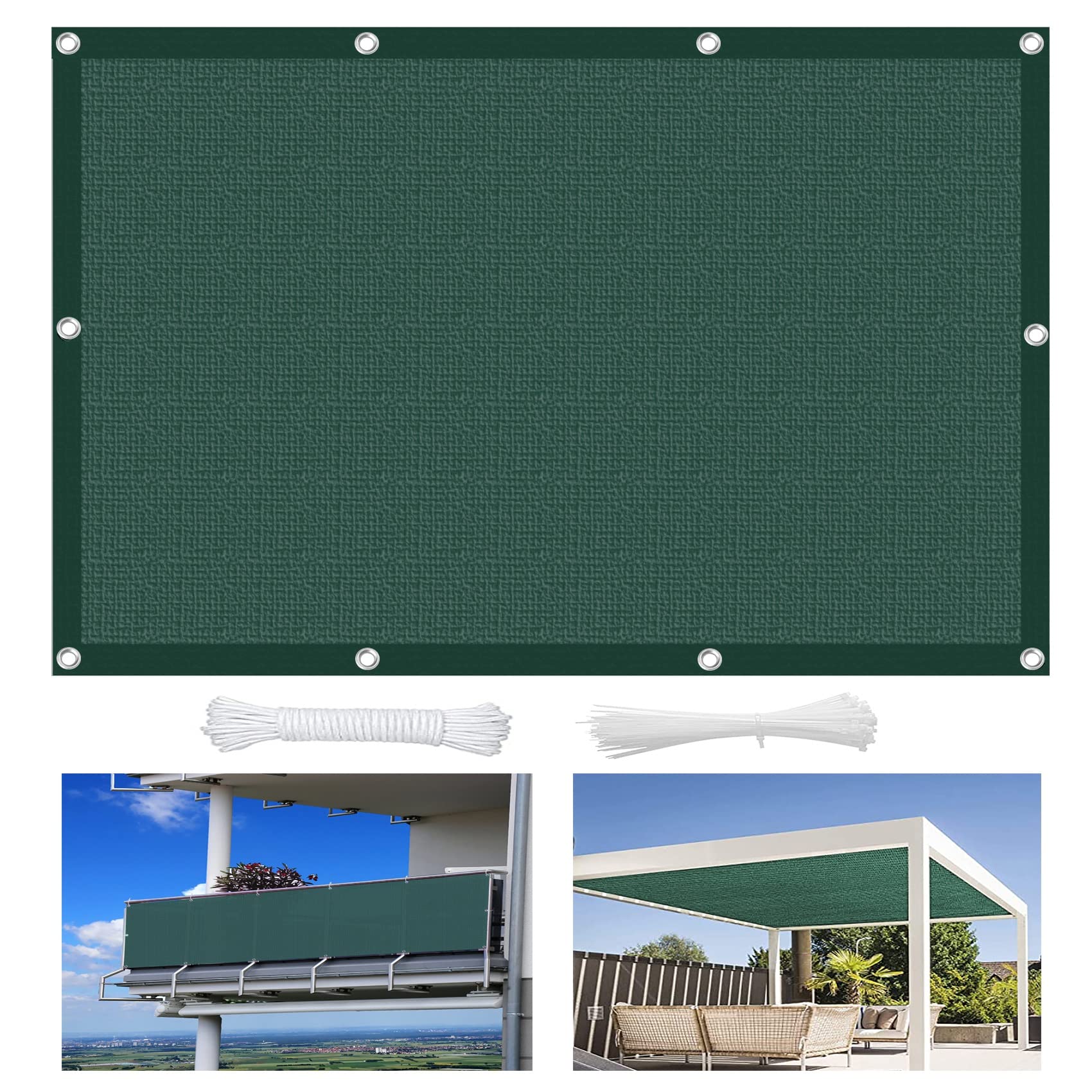 Malla Sombreadora 1.4 x 6.5 m Resistente al UV del 95%,Transpirable Malla Sombreadora Sun Net con Ojales y Cuerdas de sujeción para jardín y balcón, Verde Oscuro