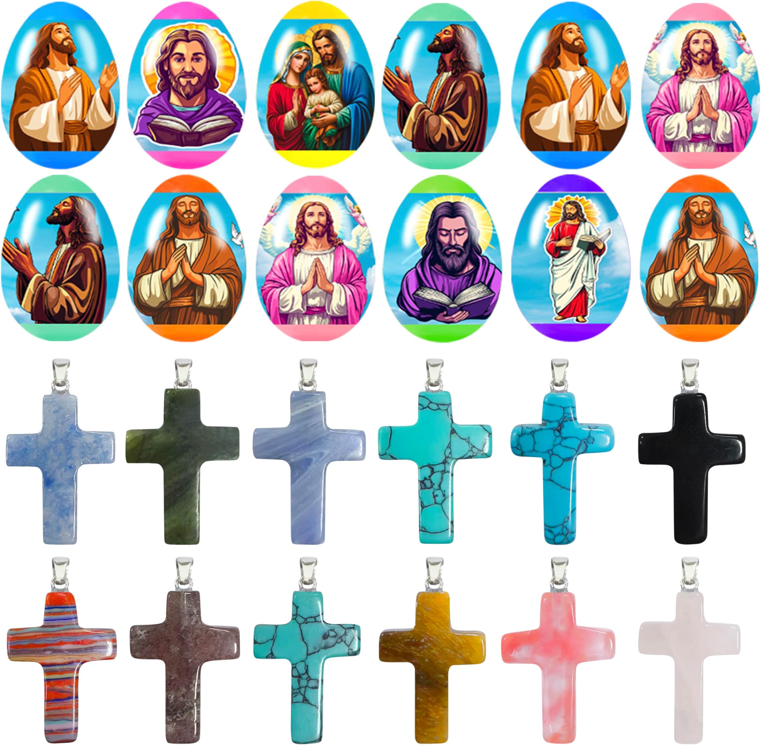 Holydeck 12 Pcs PreFilled Easter Eggs with Cross Crystal Stone Bulks 1'' Natural Crystal Gemstones Cross Shaped Worry Stones for Kids Easter Eggs Hunt Easter Basket Stuffers Party Favors Gifts