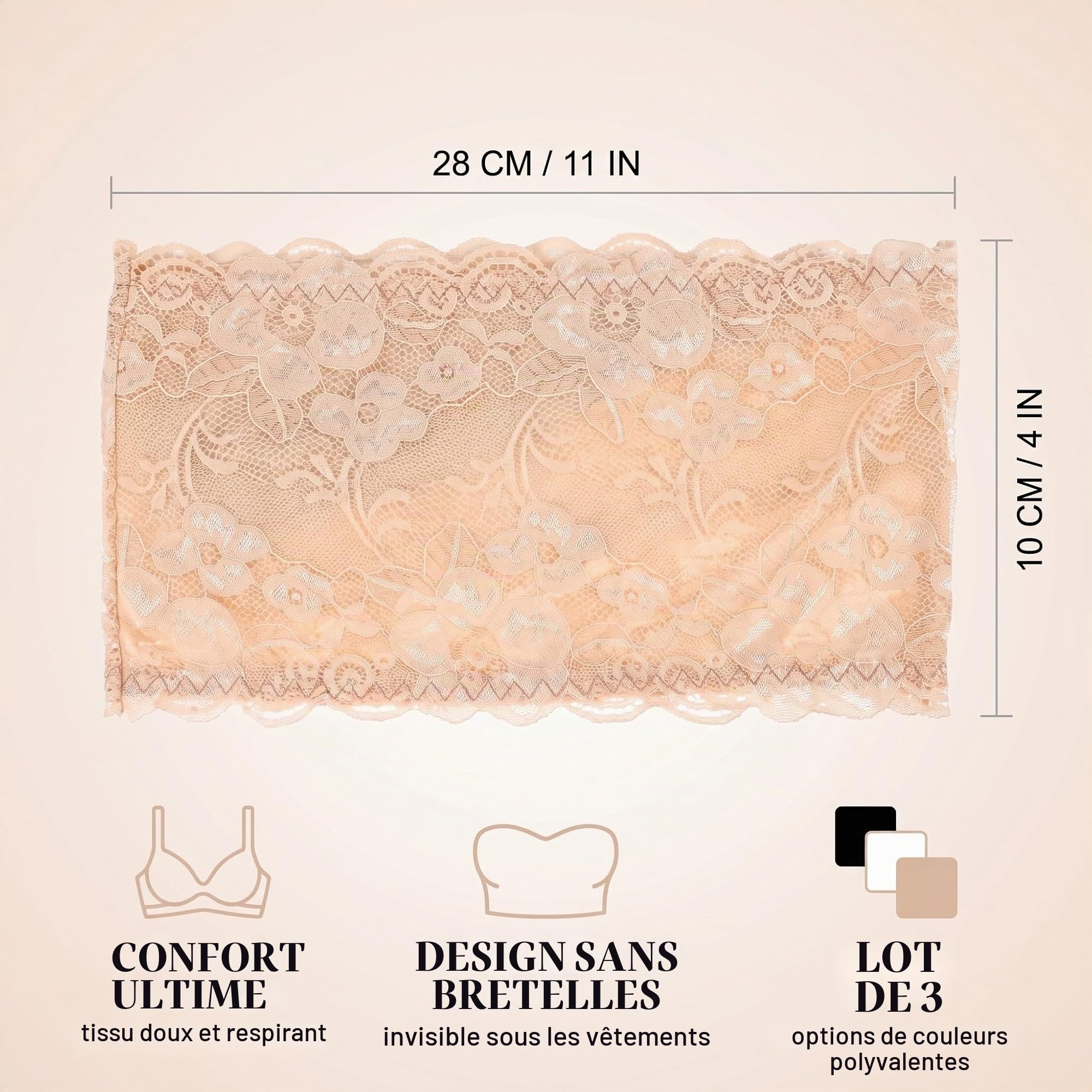 Lot de 3 Soutien Gorge Bandeau sans Bretelles en Dentelle pour Femme, bandeau dentelle, Hauts sans Bretelles, Bandeau Poitrine femme, Noir, Blanc et Beige, Taille Unique 28x10cm