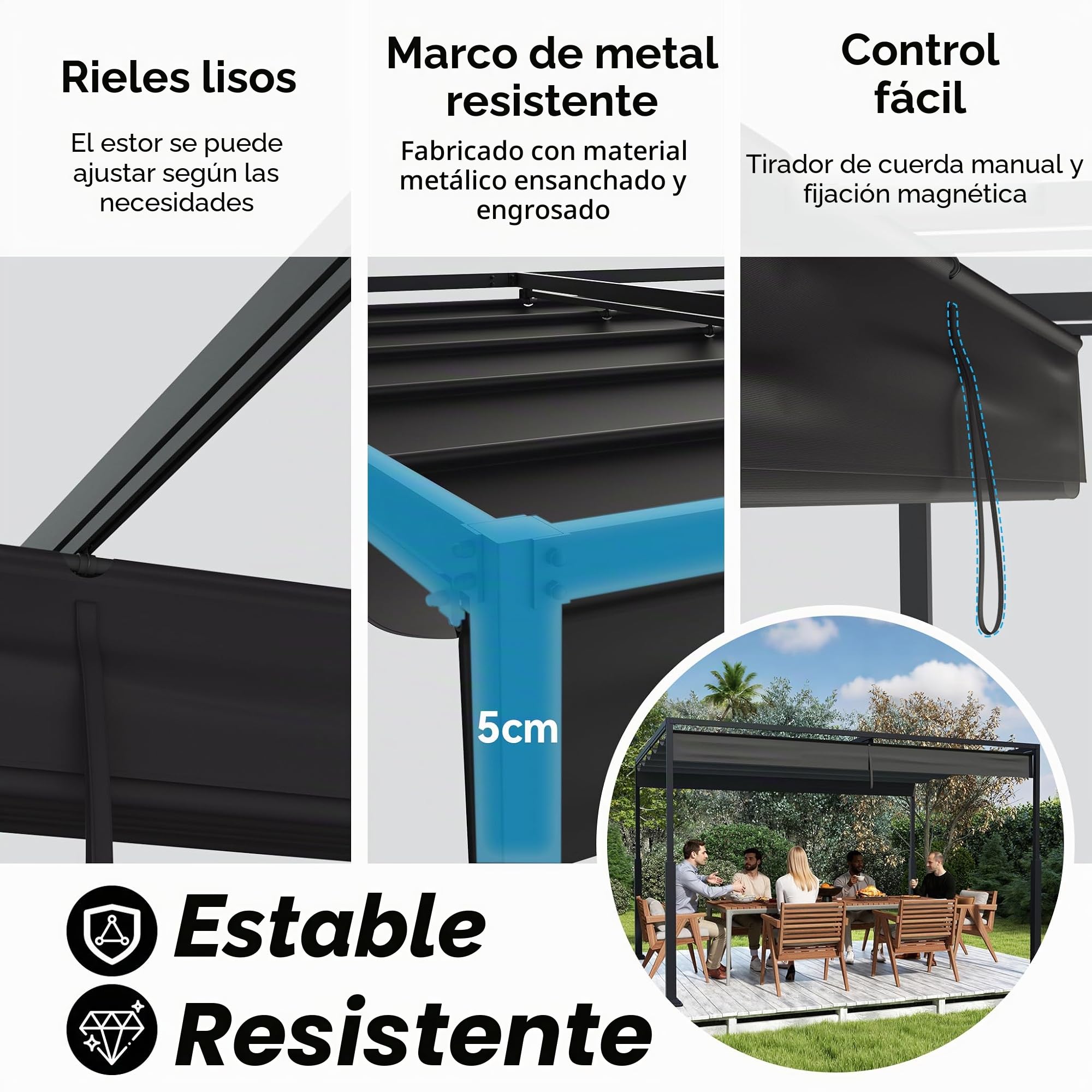Pérgola de metal con techo solar, cenador estable de 3 x 4 m, para terraza, protección solar, para jardín, con columnas de metal robustas, para jardines, color negro