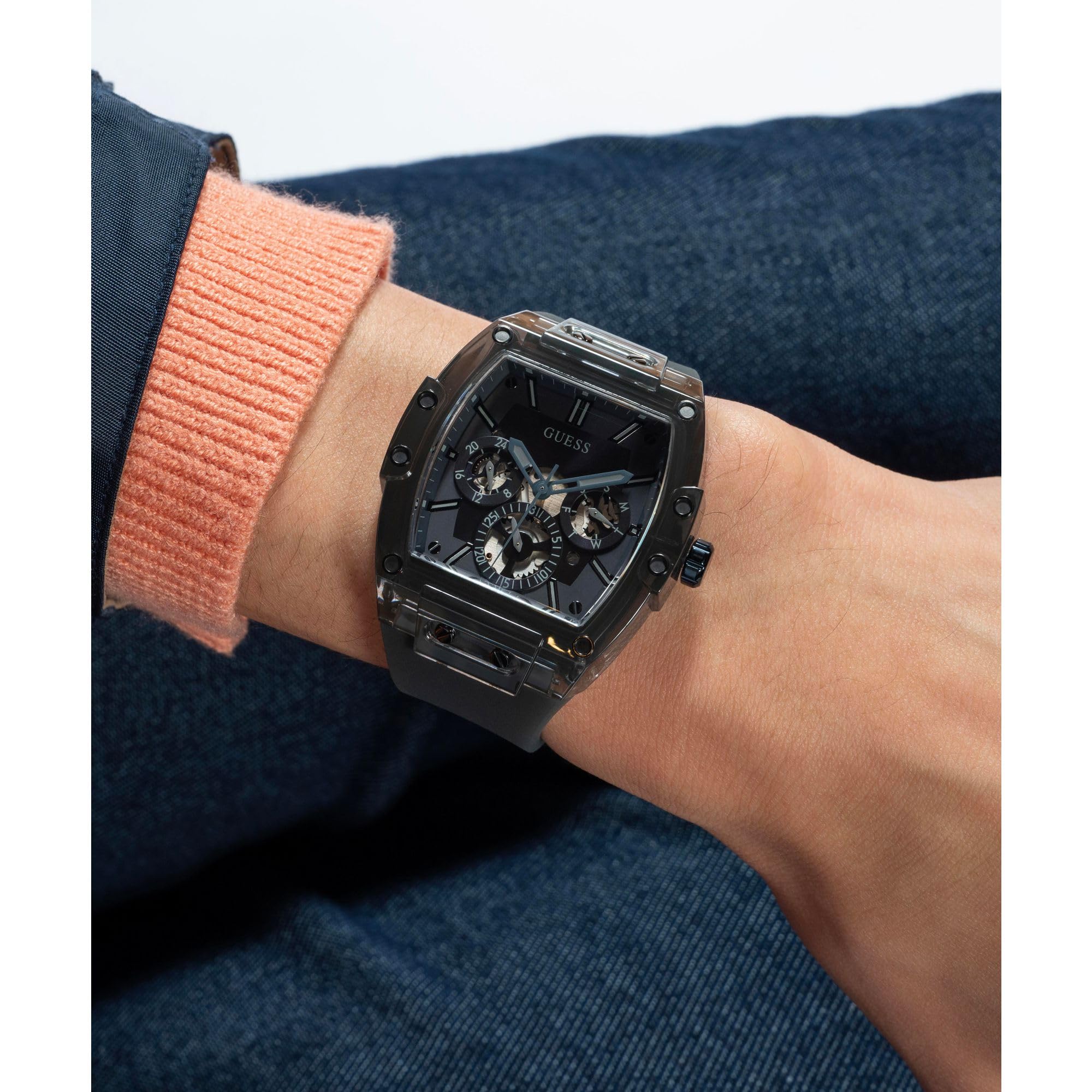 Guess Trend Casual Tonneau Diamond - Reloj para Hombre, 43 mm, Esfera Negra, Caja y Pulsera de Acero Inoxidable