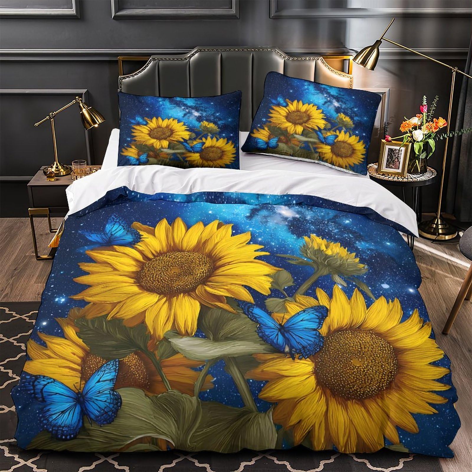 Housse de couette champ de tournesols 3D lit super king size microfibre avec fermeture