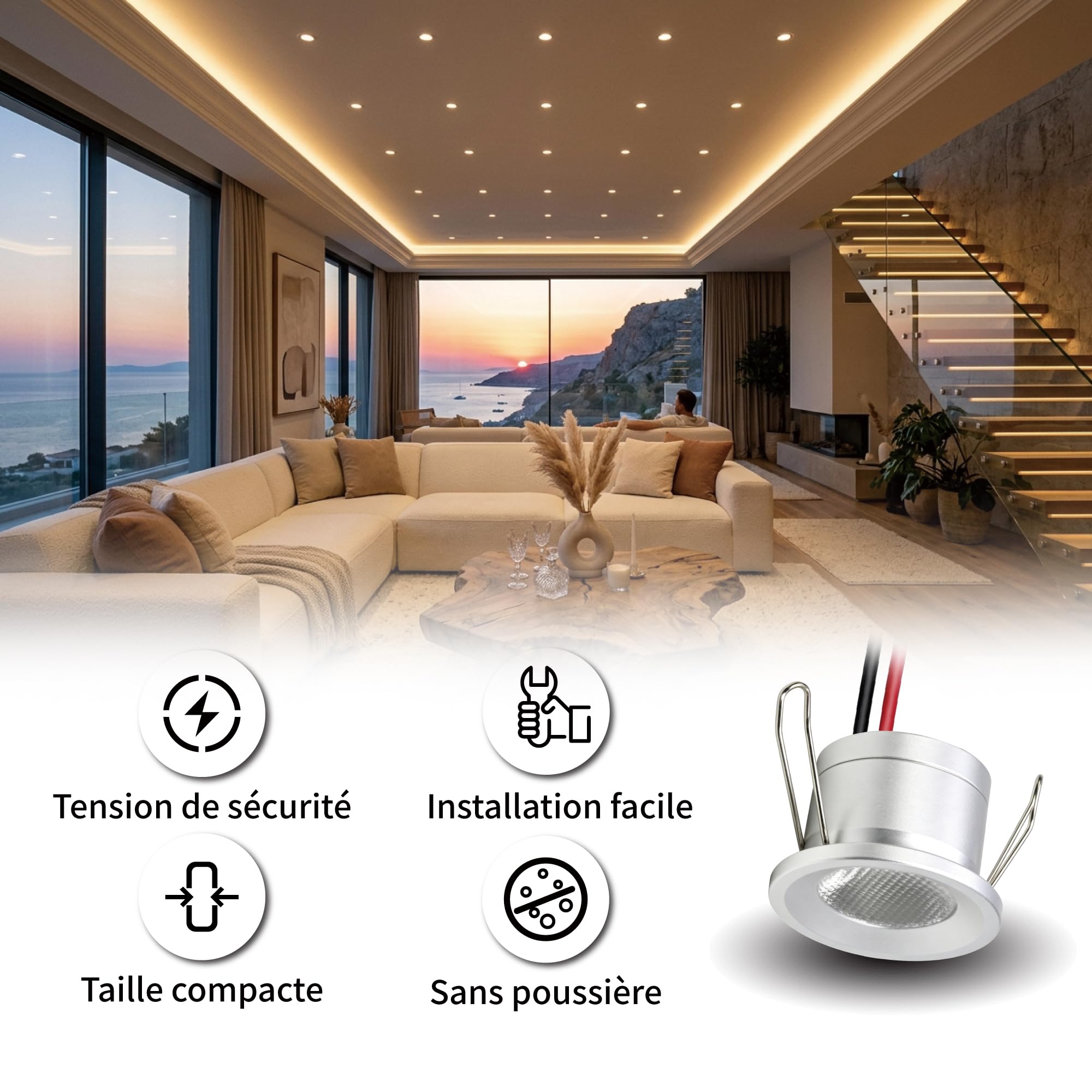 Mini Spot LED Encastrable 2W 6 pcs DC 12V, IP65 Étanche Petite Taille Lampes Avec Transfo 220V, 25mm Pointeur Éclairage Encastré Pour Meuble Terrasse Exterieur Armoires Escaliers (Blanc Chaud)