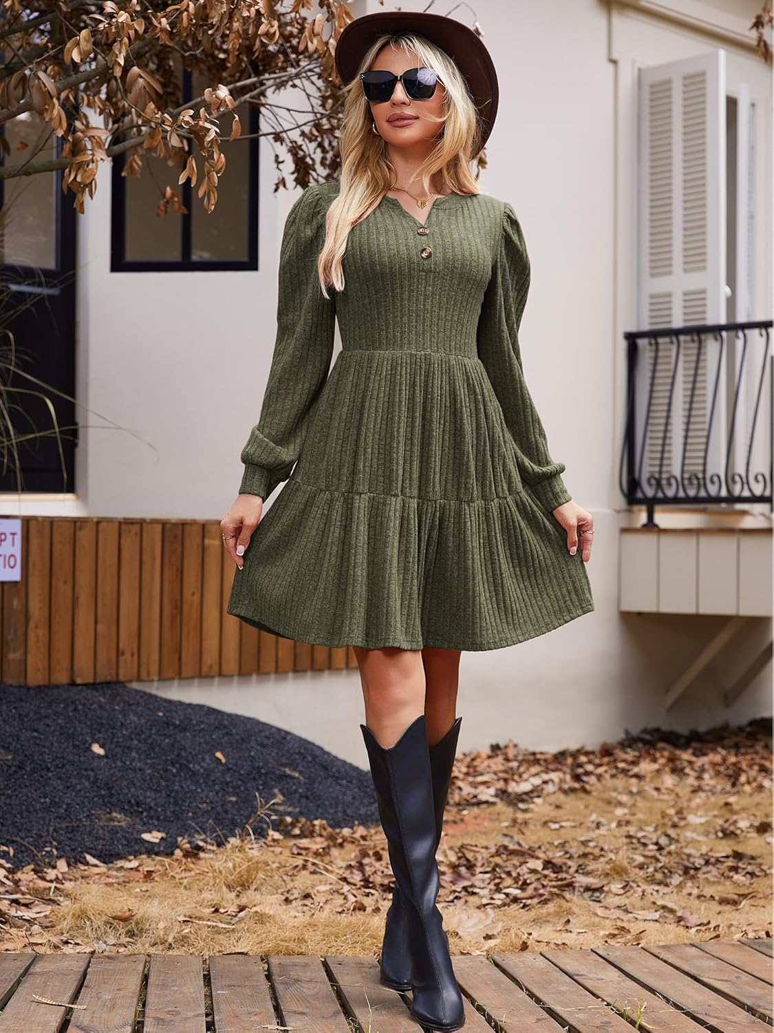 Womens Puff Long Sleeve Fall Dresses 2026 Winter Button Down Knit Sweater Dress with Pockets - Image 6