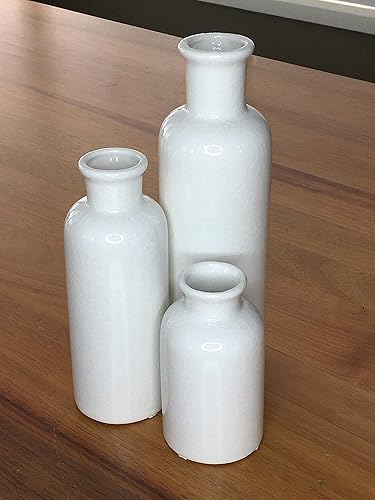 Miniatura 7 de Juego de 3 hermosos jarrones de cerámica. Acabado blanco paloma texturizado. Una adición atractiva y sofisticada para cualquier decoración.