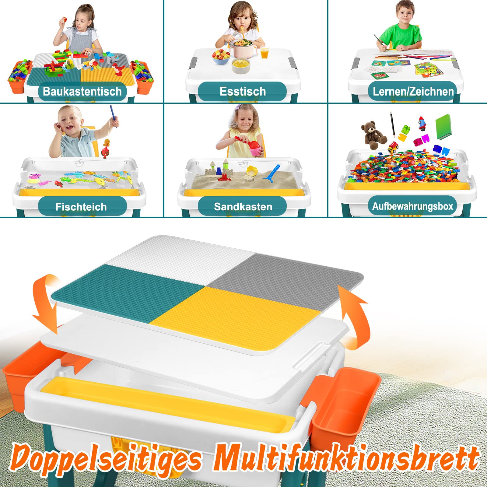 Mesa Infantil con sillas, Juego 5 en 1, Mesa para niños, Mesa de Juegos con 1 sillas, Mesa de Doble Cara, Altura Ajustable, Espacio de Almacenamiento Multifuncional para niños