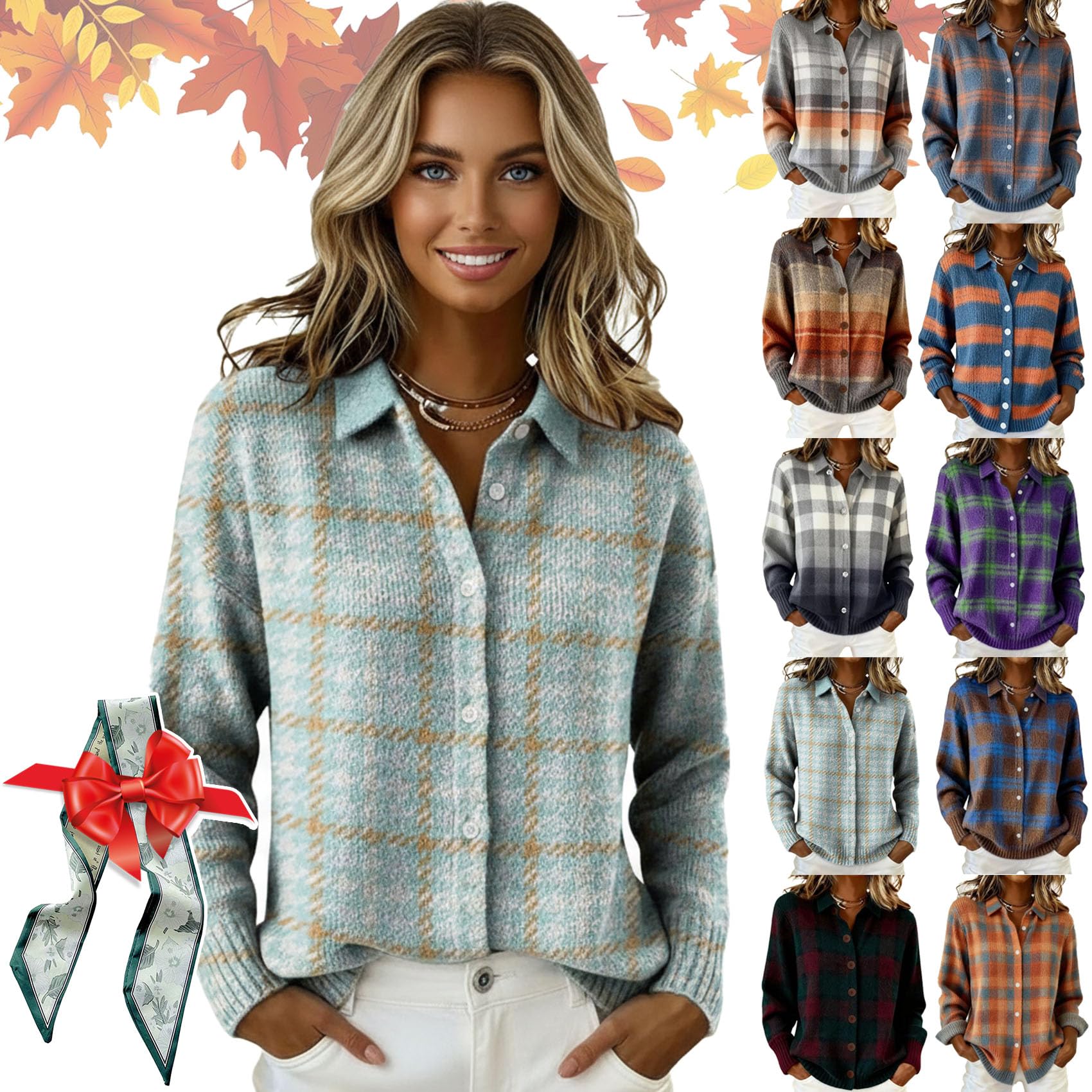 Womens Plaid Print Casual Cotton Buttoned Cardigan Sweater Cropped Plaid Cardigan Sweaters for Women