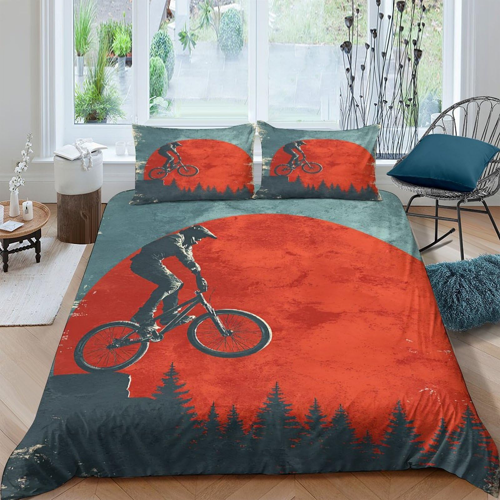 Ctjqhvkz Style-3 3D Printed Red Sunset Fitted Sheet Microfiber Artistic Cyclist Forest Mattress Cover For Bedroom Decor Single（135X200cm）