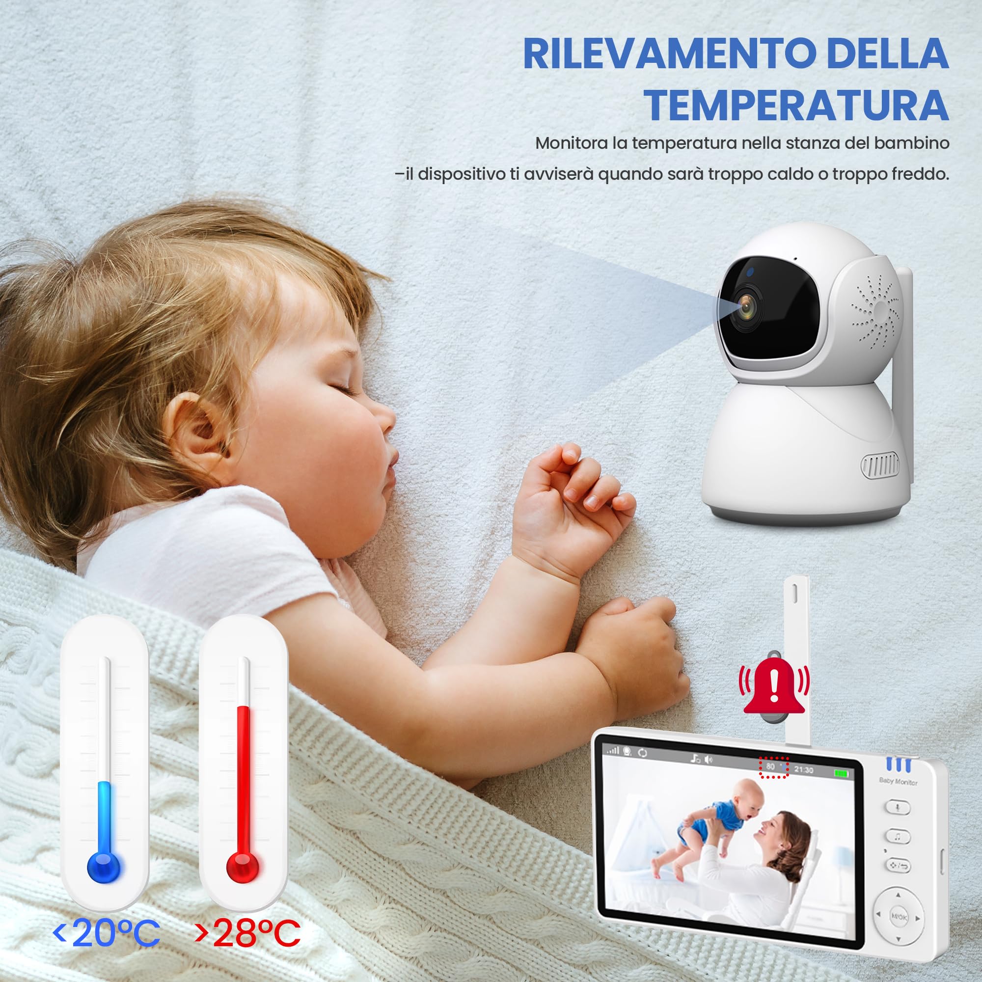 Extralink Babyphone con telecamera senza Wi-Fi, baby monitor con display da 5 pollici, visione notturna, audio a 2 vie, VOX e monitoraggio della temperatura, funzione FHSS 2,4 GHz 300 m, ninna e