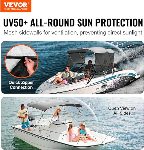 Miniatura 2 de VEVOR - Funda para barco Bimini de 4 arcos y 3 arcos, paredes laterales de malla desmontables, toldo de poliéster 600D con marco de aleación de