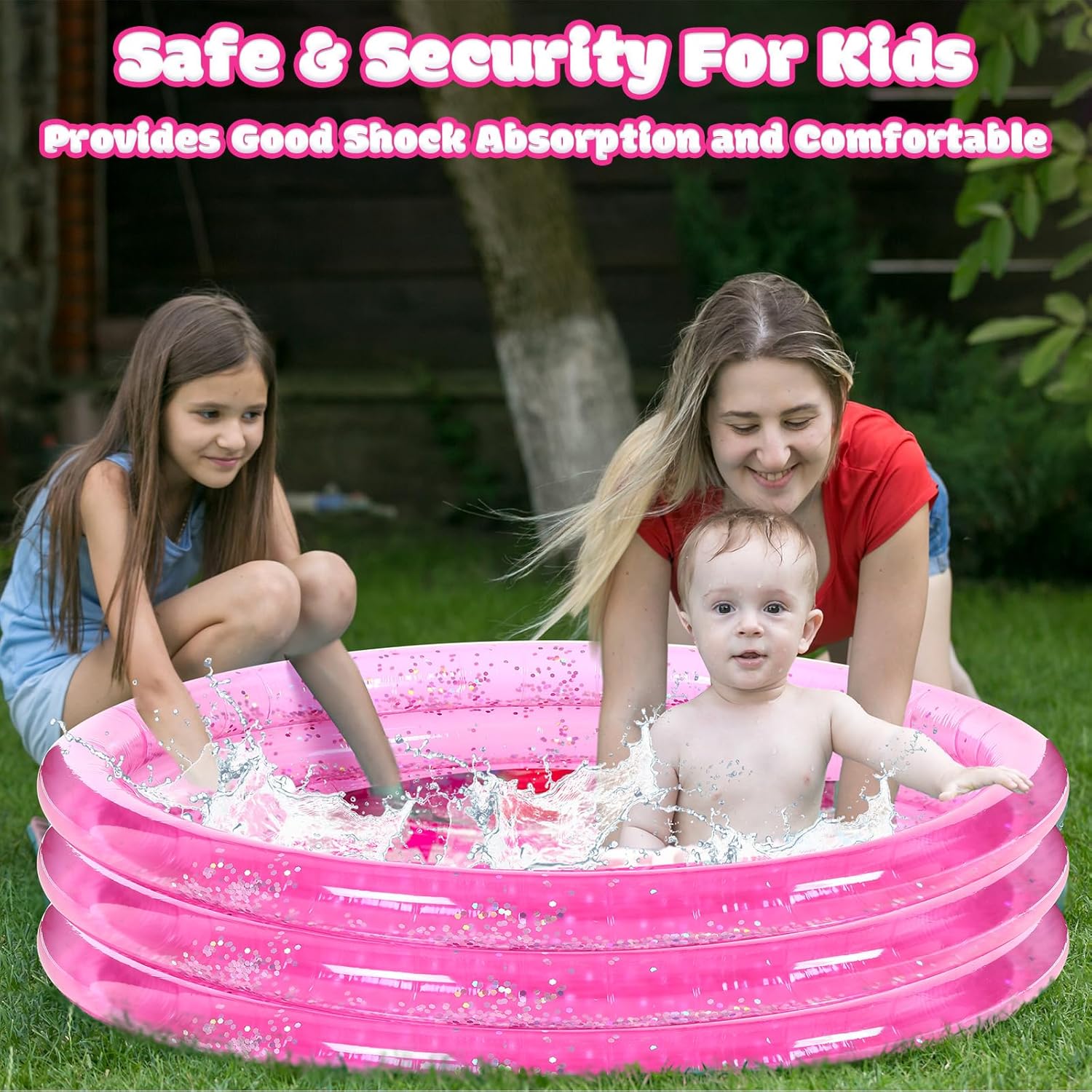 2 Pack Inflatable Kiddie Pool for Kids 47 Inch Round 3 Rings Plastic Blow up Pool with Silver Glitter Cushioned Bottom Small Toddler for Backyard Garden,Pink