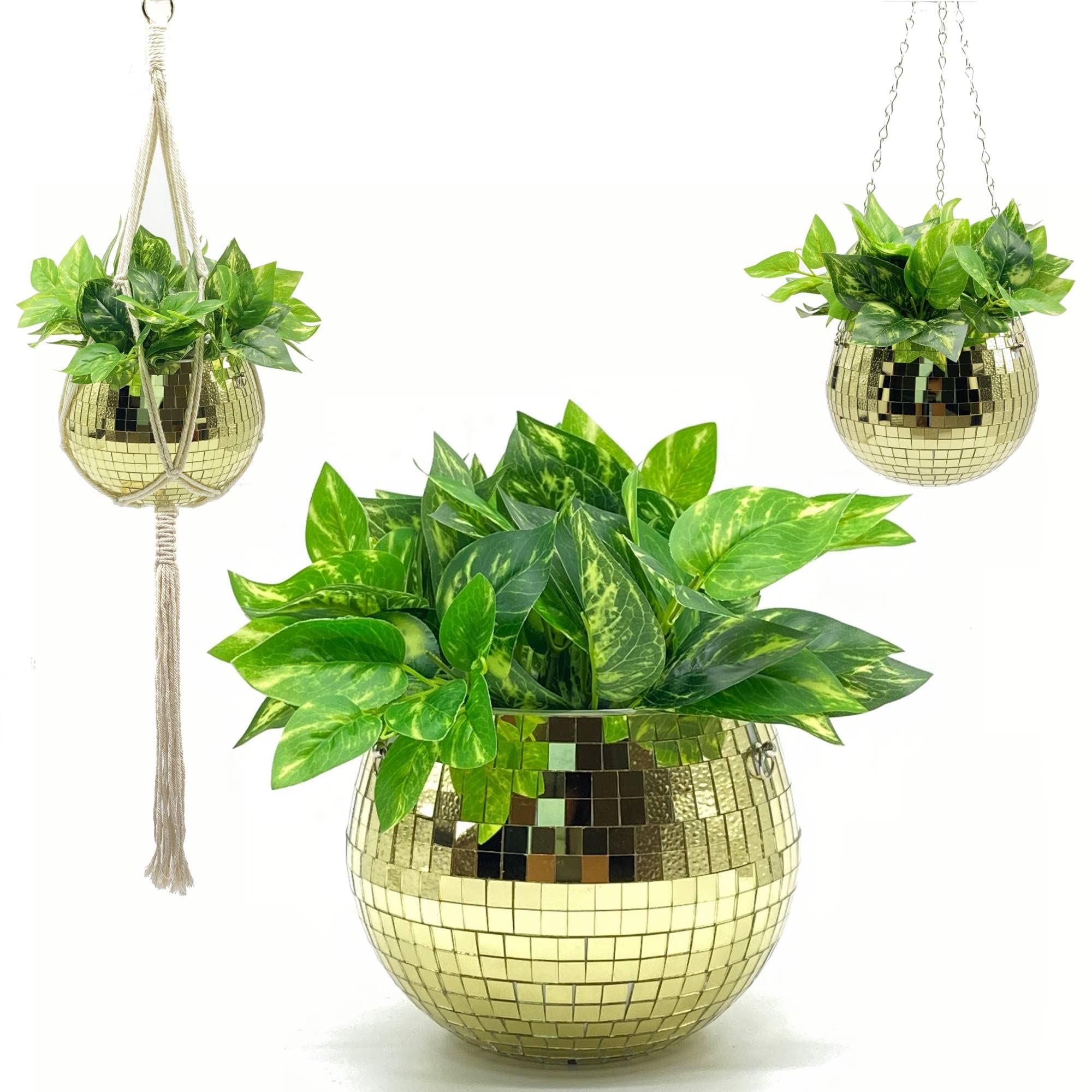 MAISON OOF Disco Ball Planter – 8" Disco Ball Hanging Planter for Indoor Plants - Unique Macrame Plant Hanger with Pot - Self Watering - Boho Home Décor - Gold