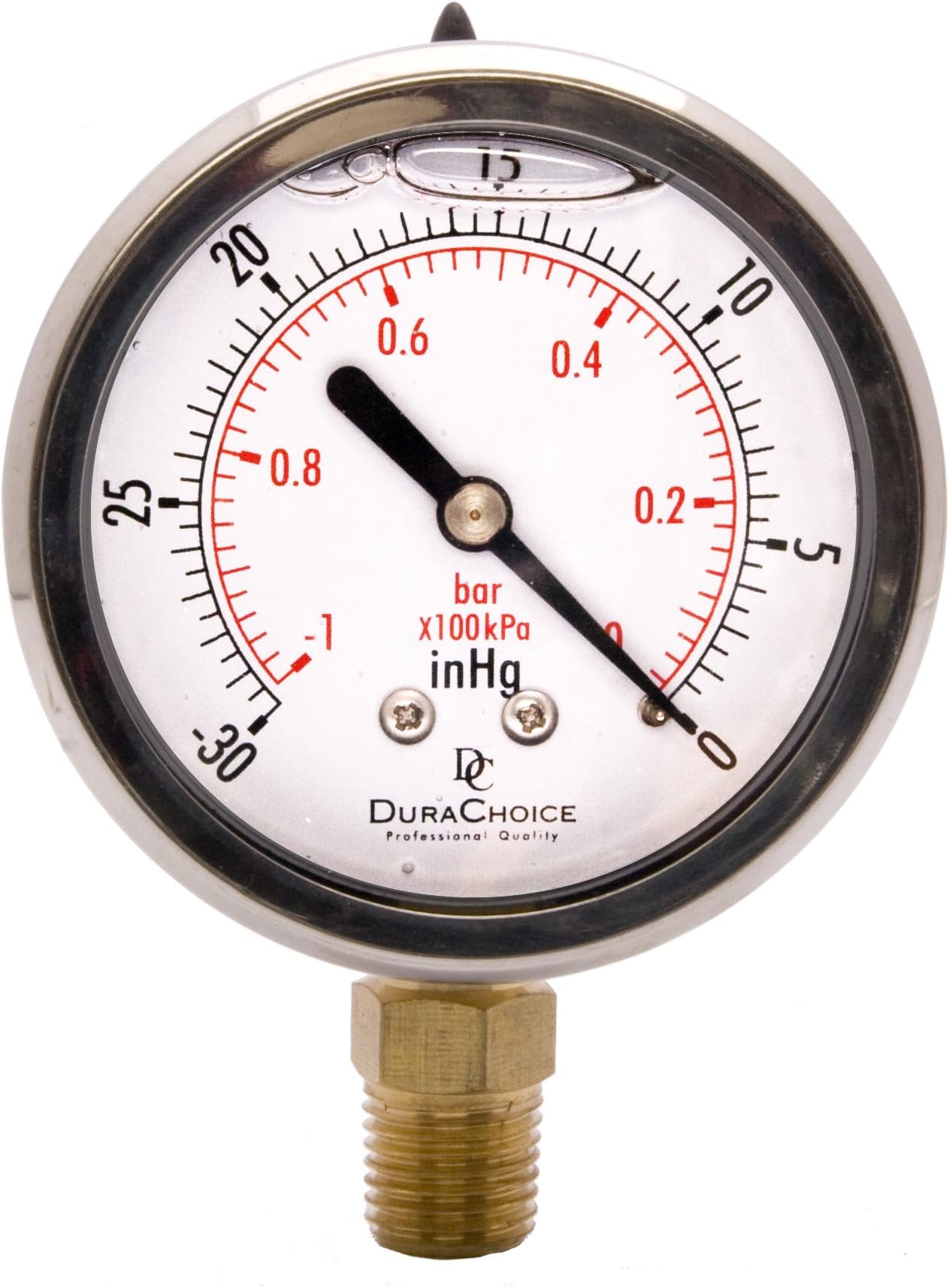 DuraChoice 2-1/2" Oil Filled Vacuum Pressure Gauge - Stainless Steel Case, Brass, 1/4" NPT, Lower Mount Connection -30HG/0