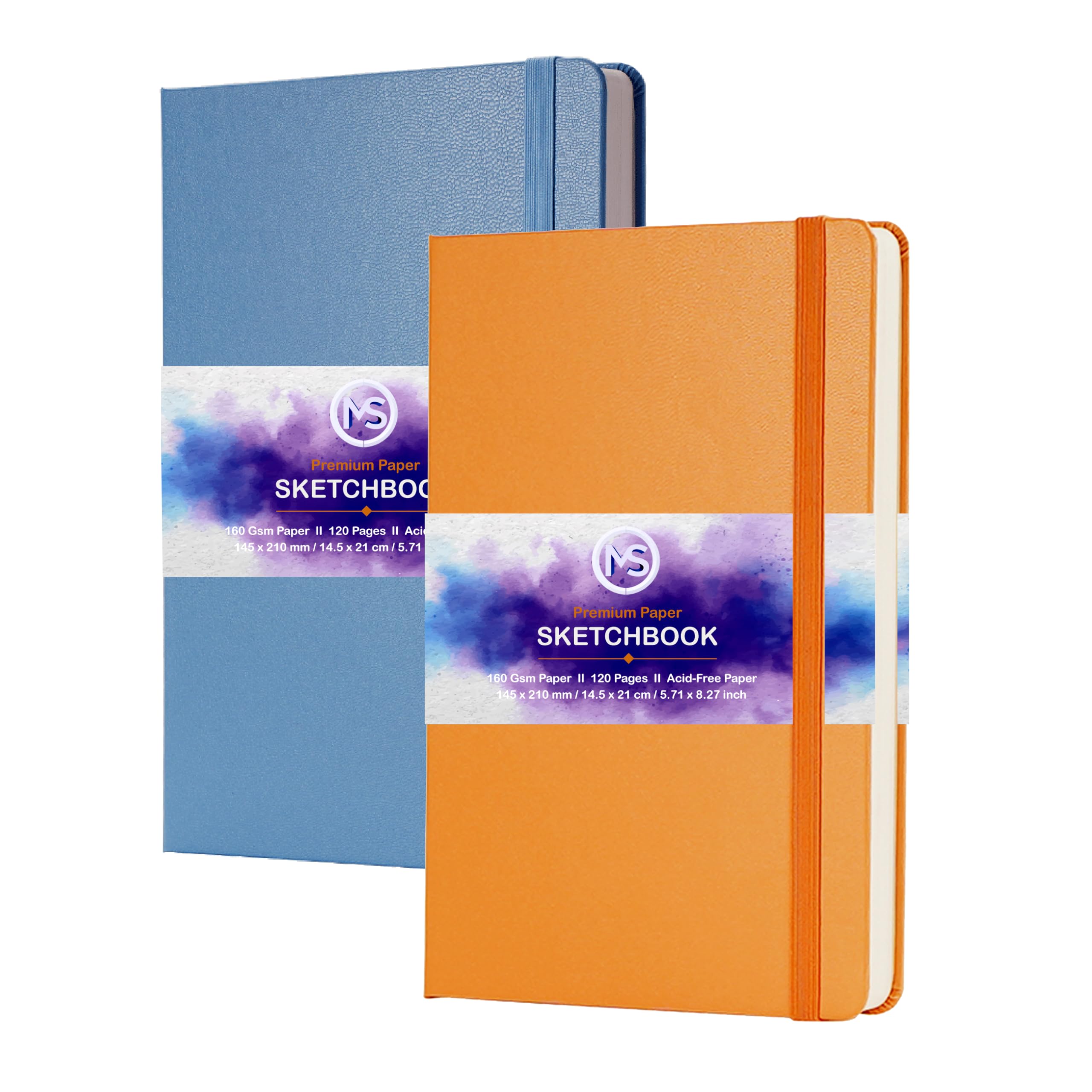 Sketchbook Journal Acid-Free 160gsm Paper 120 Pages (60 Sheets) Sewn Binding 5.8" X 8.3" A5 Leatherette Cover Sketch Book for Artists Mixed Media Use - Pack of 2 (Blue & Orange)