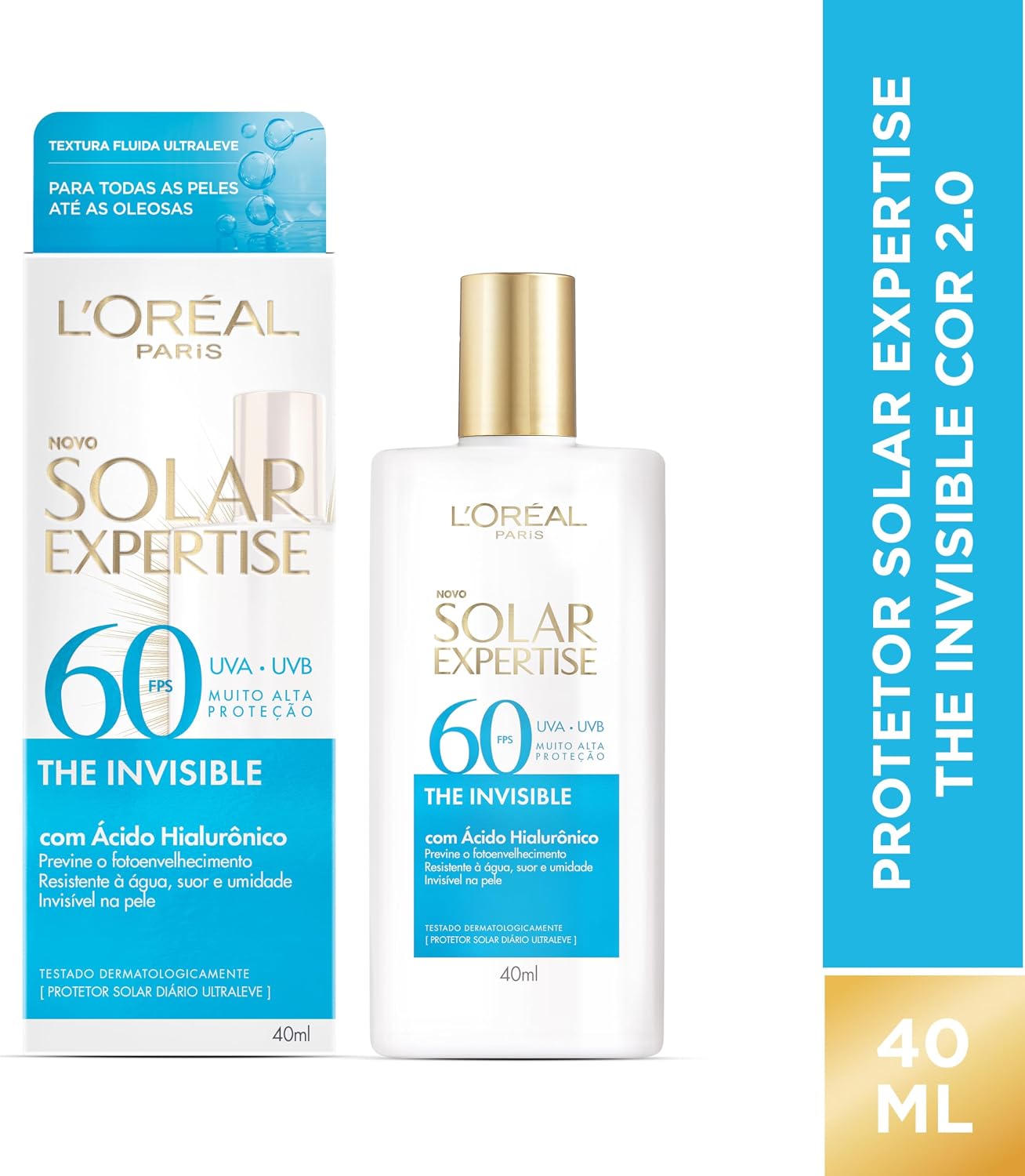 L'Oréal Paris Solar Expertise, Protetor Solar Facial The Invisible Fluido FPS60 com Ácido Hialurônico e Tecnologia NETLOCK, Alta Proteção Solar com Ação Anti-Idade, Sem Cor 40g