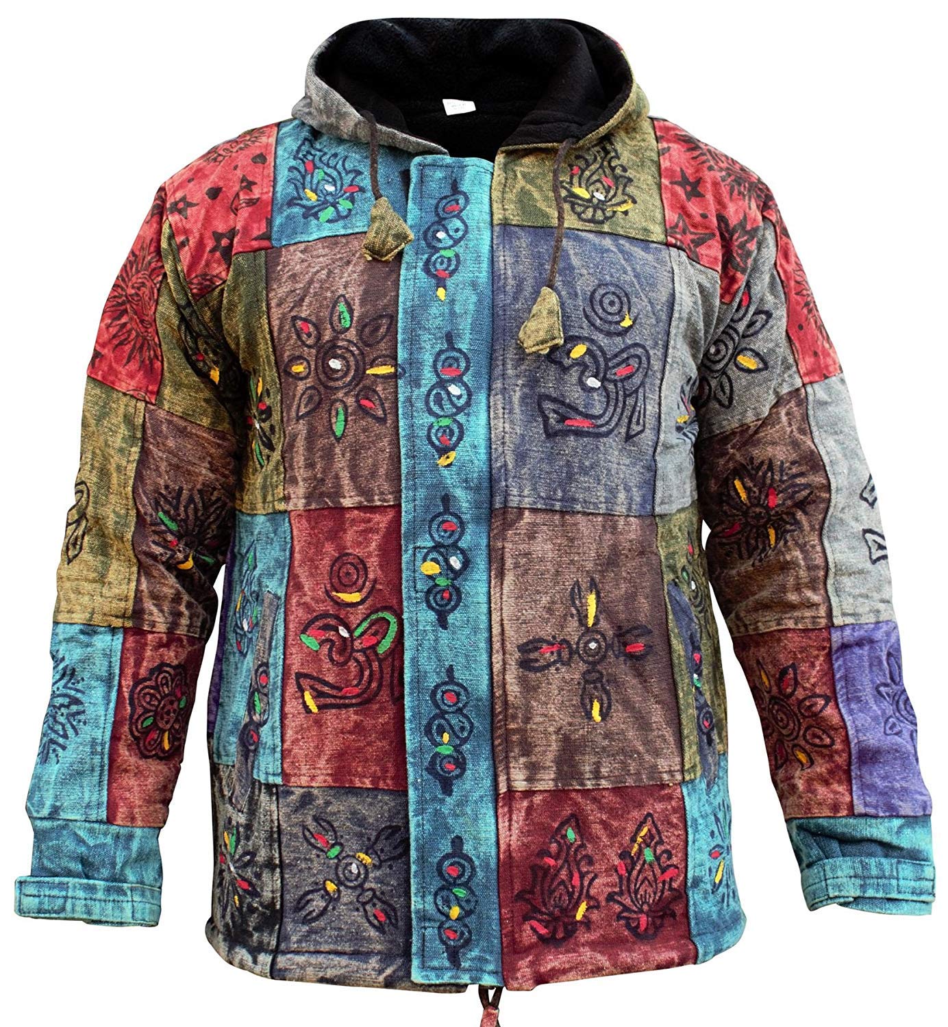 SHOPOHOLIC FASHION Men's Hippie Fleece Lined Festival Bohemian Patchwork Hooded Winter Jacket (XXL)