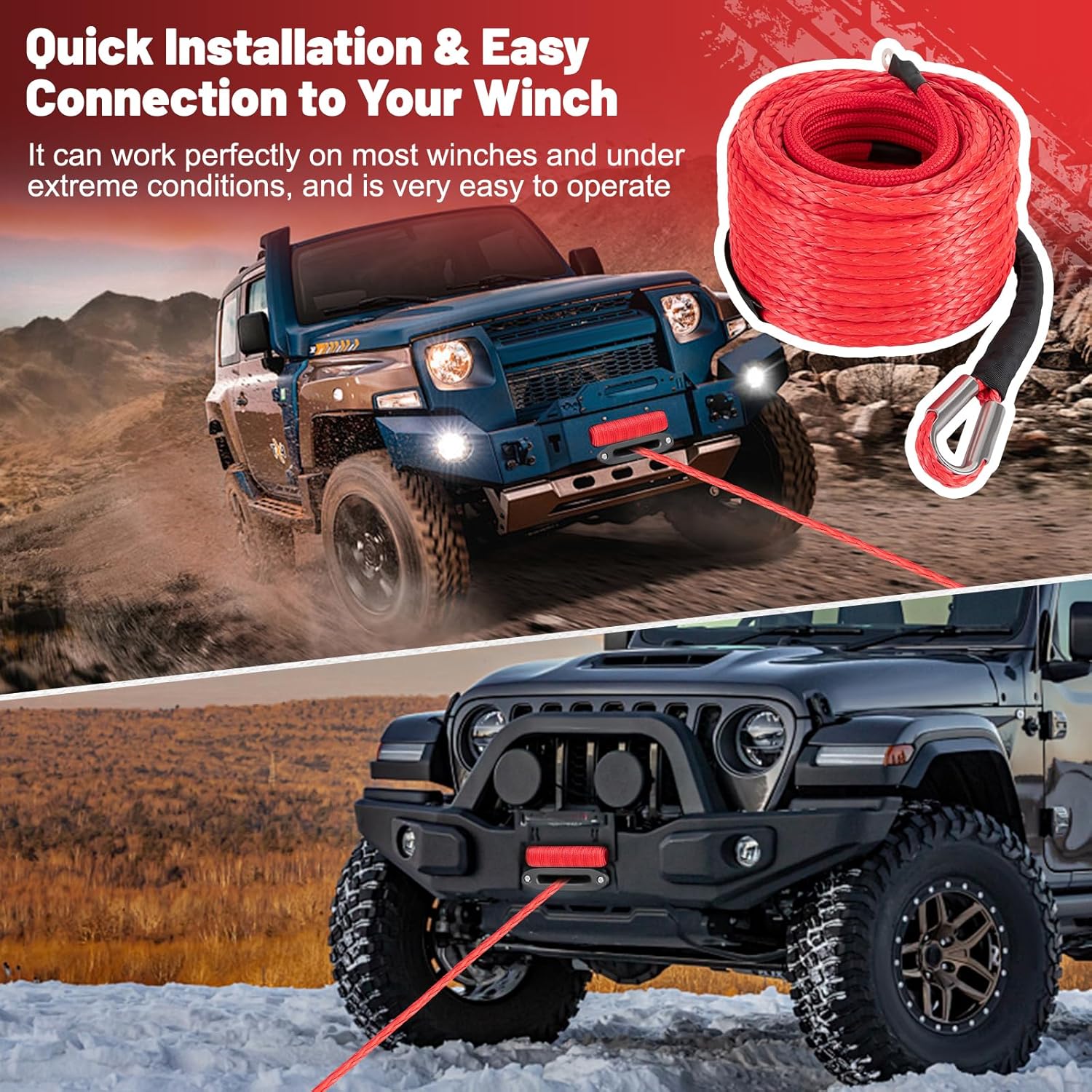 Synthetic Winch Rope 1/2 Inch x 85 Ft, 31,500 Lbs Winch Extension Cable Line for Off Road Vehicle ATV UTV SUV Truck Boat Winch Accessory (1/2" x85ft - 31,500 Lbs - Red)