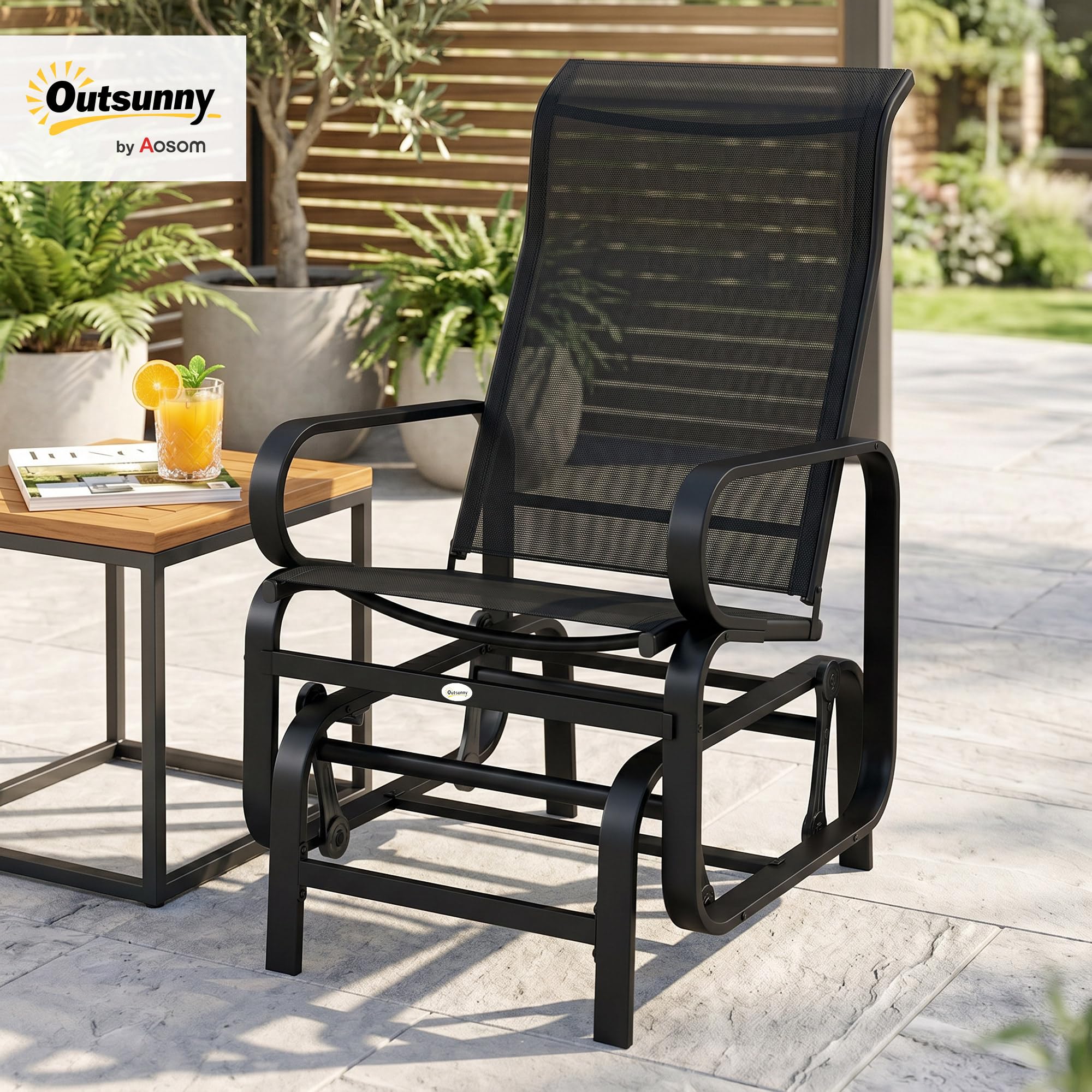 Outsunny Mecedora deslizante para exteriores con marco de metal resistente para jardín, cómoda silla oscilante para patio, patio trasero y piscina, color negro