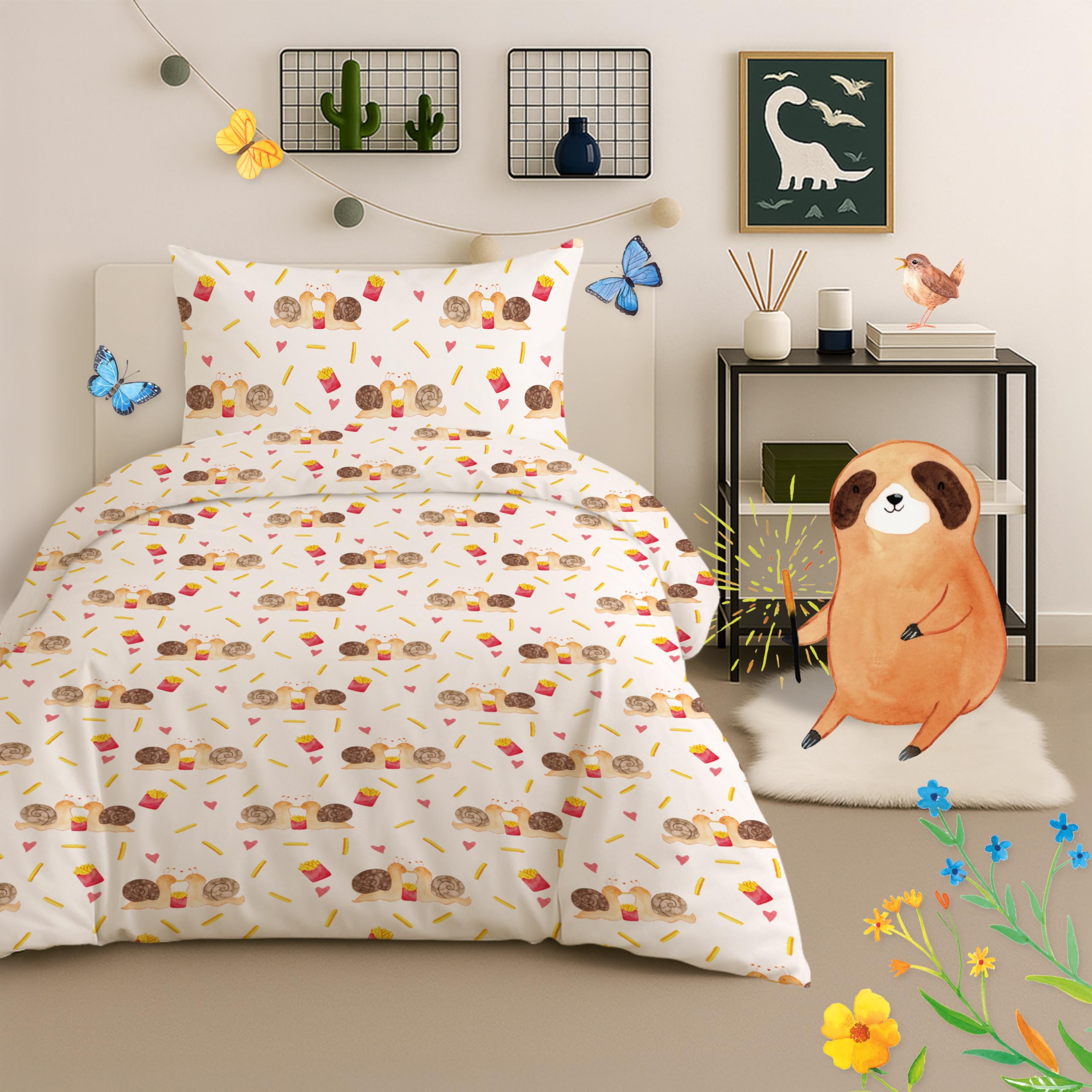 Mr. & Mrs. Panda Kinderbettwäsche Schnecken Liebe - Geschenk, Set, Verliebt, glücklich, Pärchen, Große, Paar, Bettwäsche Kinder, Kinderbettgarnitur, Freundin, Kleinkinder