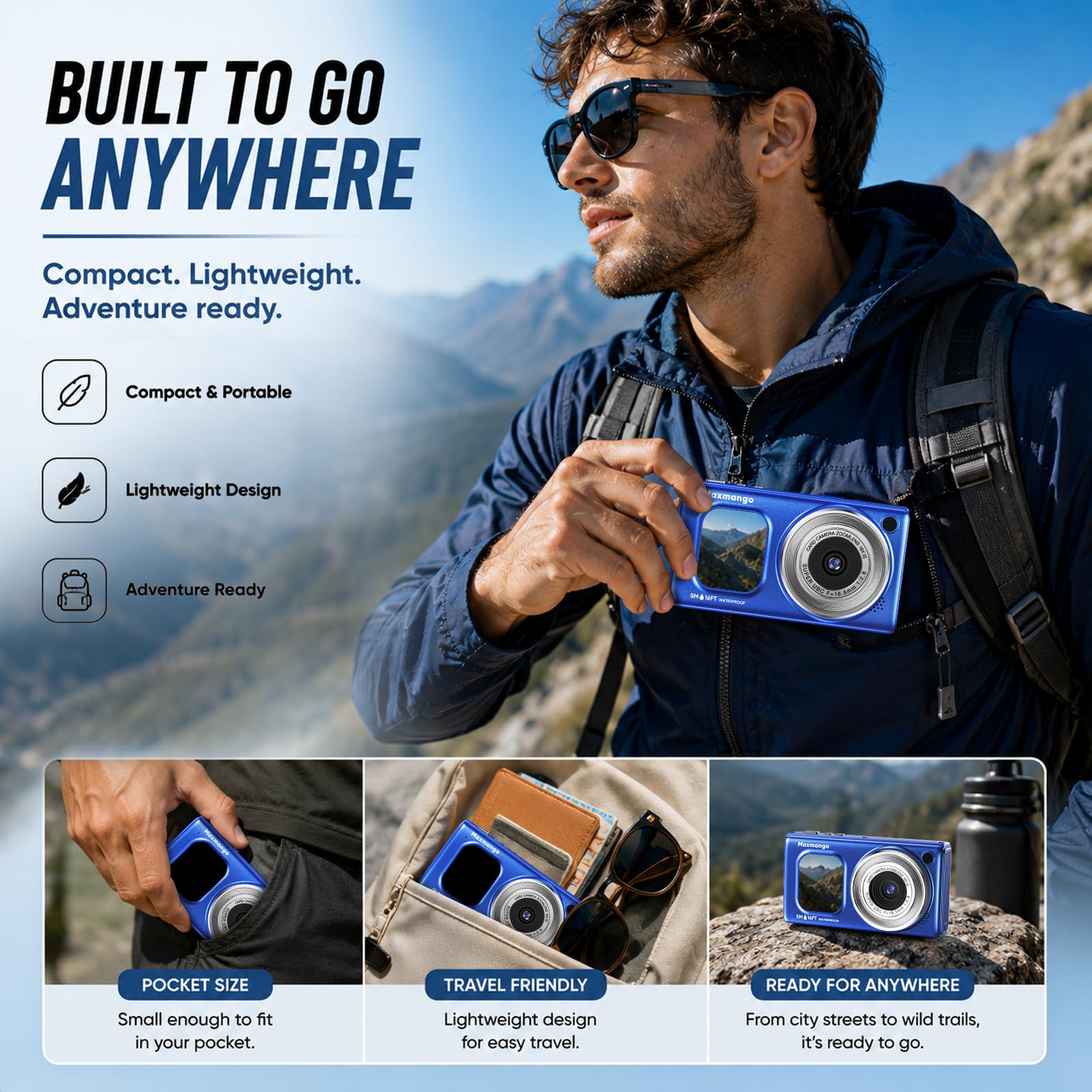16FT Cámara Subacuática Impermeable 4K 48MP con Batería Extraíble 1500mAh | Maxmango D71 Cámara Digital con Doble Pantalla, Zoom 18X, Autofocus, Diseño Flotante para Snorkel, Surf y Natación, Azul(8GB)