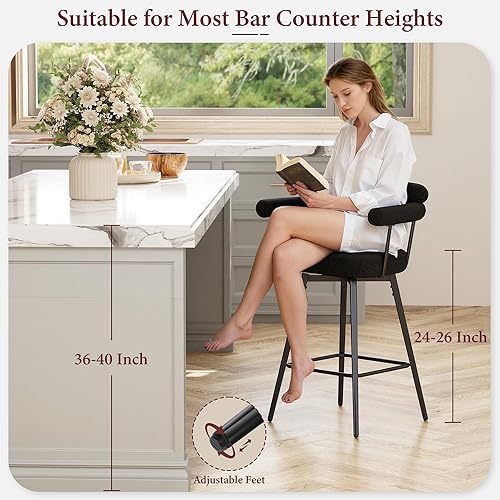 Miniatura 2 de STHOUYN Juego de 4 taburetes de bar giratorios de 26 pulgadas, taburetes de bar modernos con altura de mostrador Boucle con respaldo alto y patas de