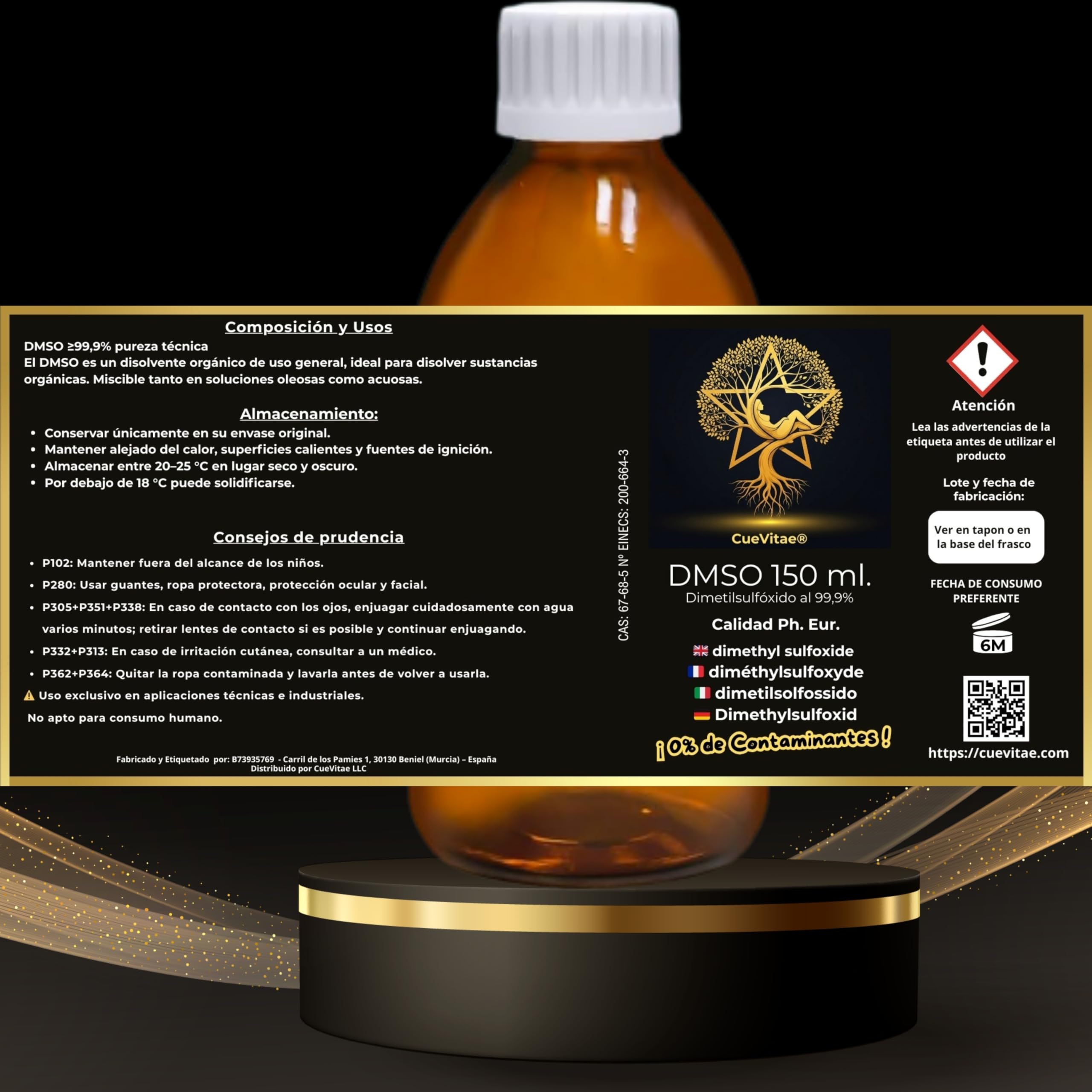 DMSO 99,9 % pur diméthylsulfoxyde 2 x 150 ml CueVitae® Bouteille en verre ambré avec compte-gouttes et verre doseur | solvant organique de haute pureté | sans additifs