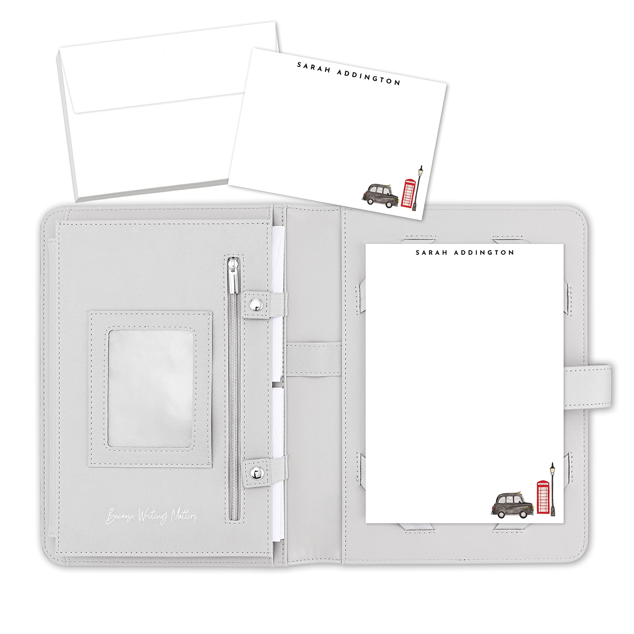 Me Loovely London Collection Personalised Stationery Gift Set Luxury Customized Flat Notecards Letter Writing Paper with Envelopes (20 Letters, 10 Cards & 30 Envelopes with Grey Organiser)