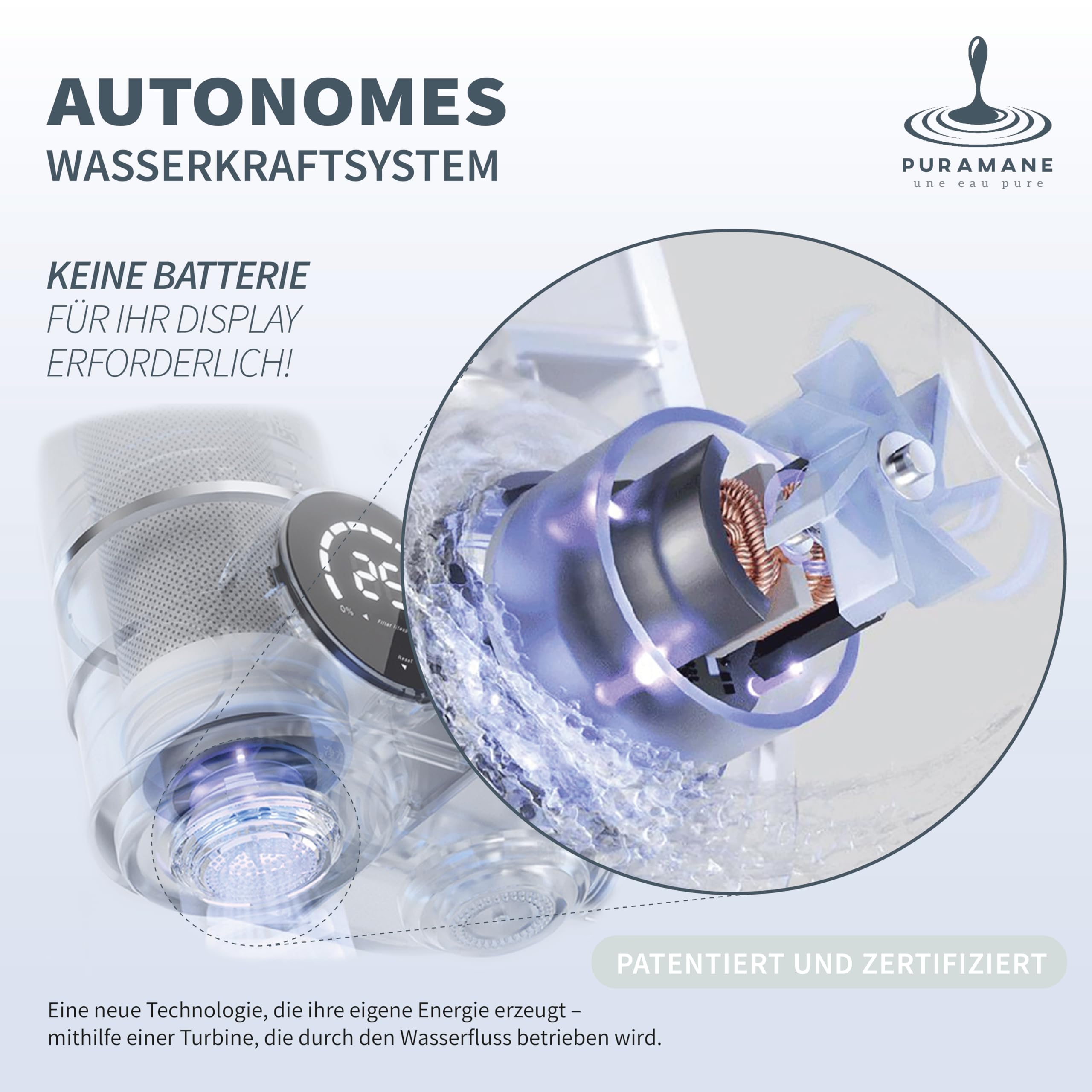 Puramane Wasserfilter Wasserhahn mit LED-Display & Filterlebensdauer-Anzeige, Wasserhahnfilter für Trinkwasser, Aktivkohle-Kalkfilter gegen Chlor & schlechten Geschmack (System + 1 Filterkartusche)