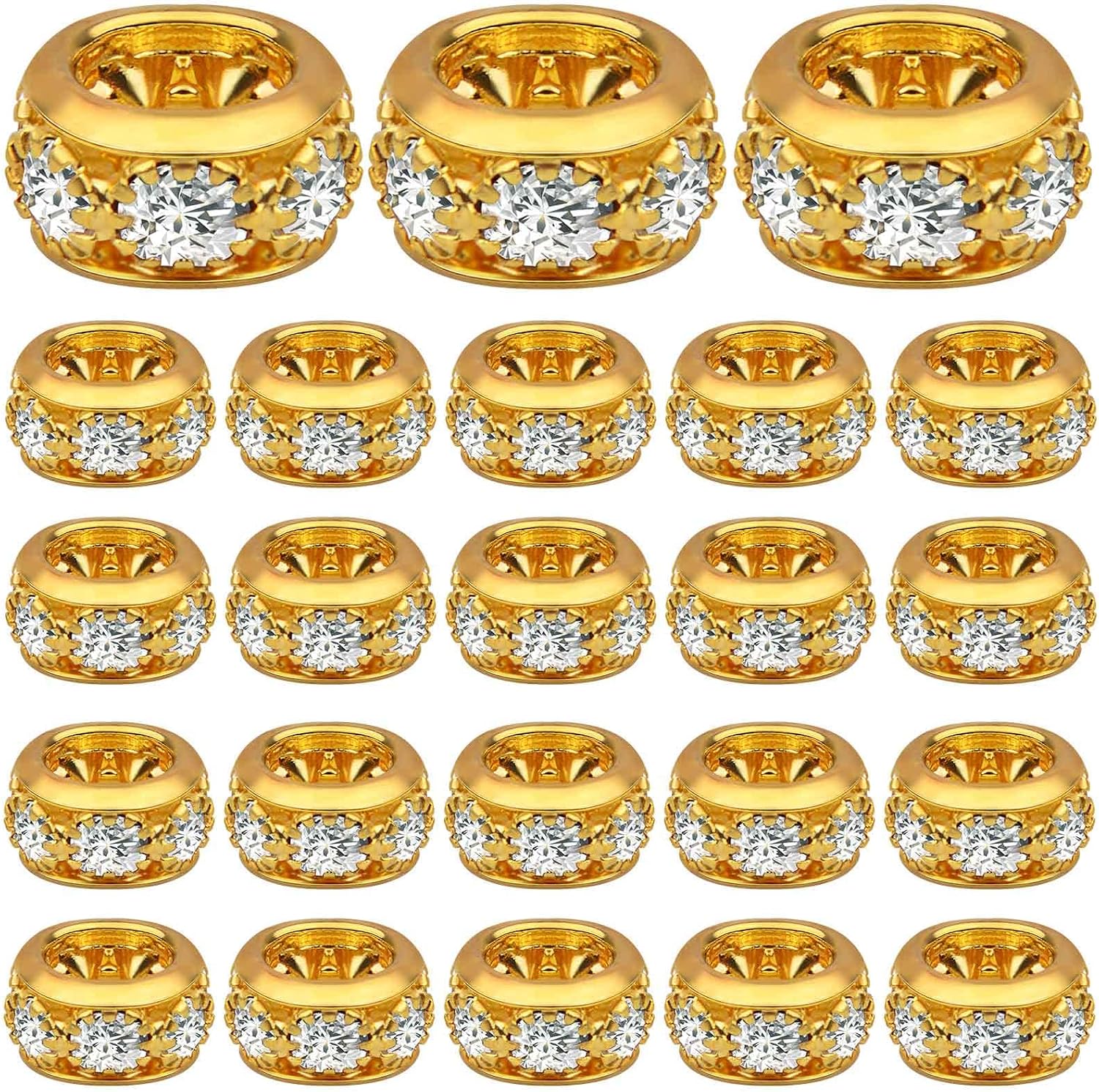 European Rhinestone Spacer Beads, 40pcs Gold Plated Crystal Rondelle Beads Brass Round Loose Beads with 6 mm Large Hole for DIY Jewelry Making Christmas Party Birthday Ornament, 10 mm x 5 mm